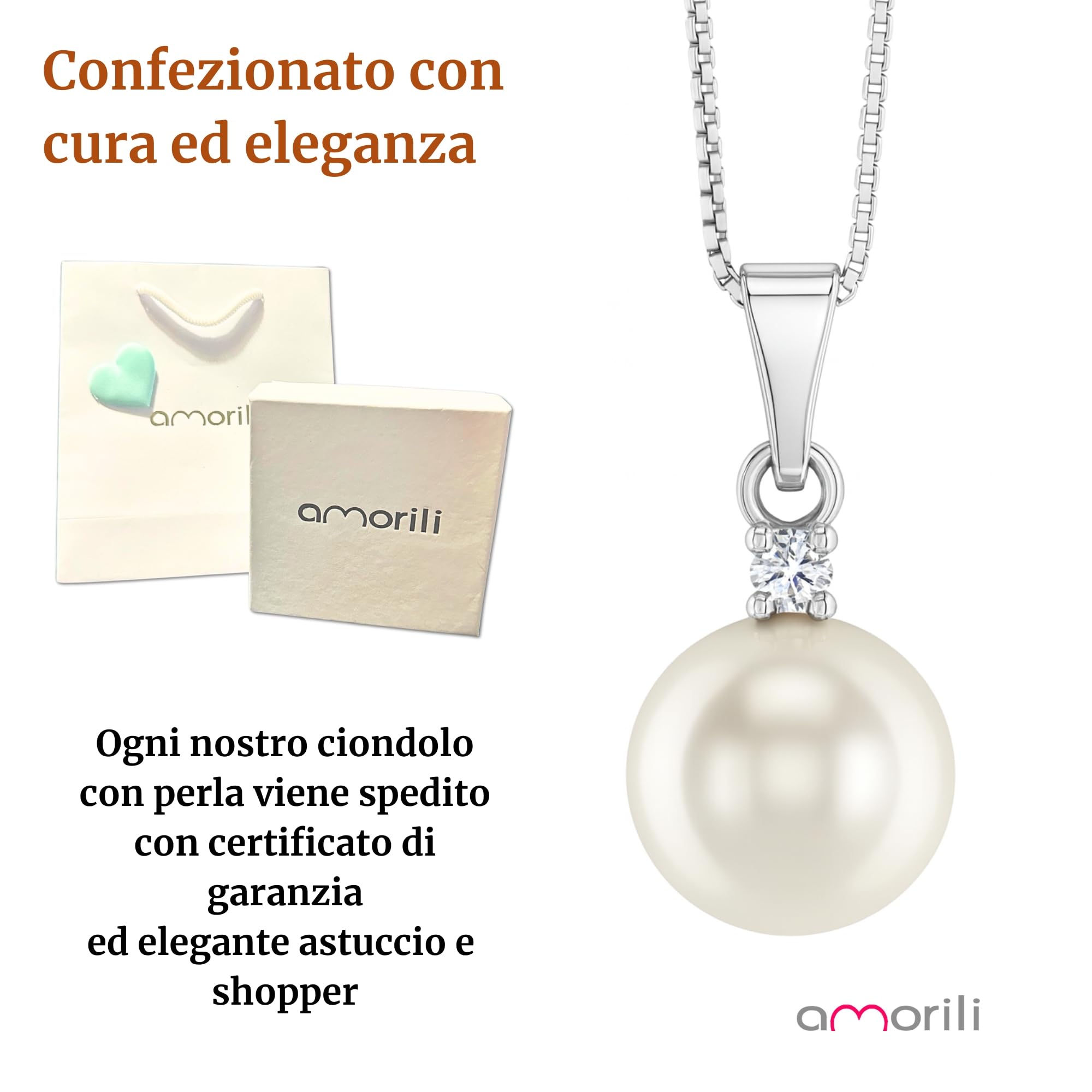 Collana Donna con Ciondolo Perla 12 mm in Argento 925 con Zircone – Gioiello Elegante, Regalo Raffinato per Donna, Accessorio Moda Cerimonia, Matrimonio, Compleanno