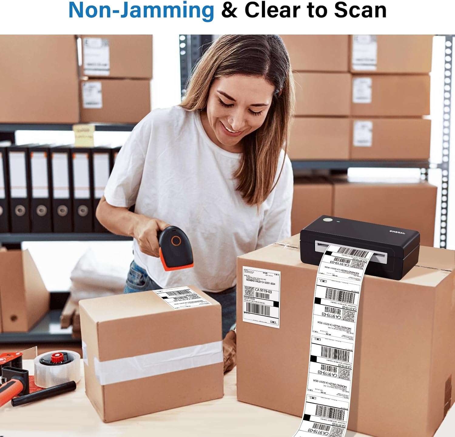 Gloryang 668BT printer producing non-jamming, clear-to-scan shipping labels, demonstrated by a person scanning a label.