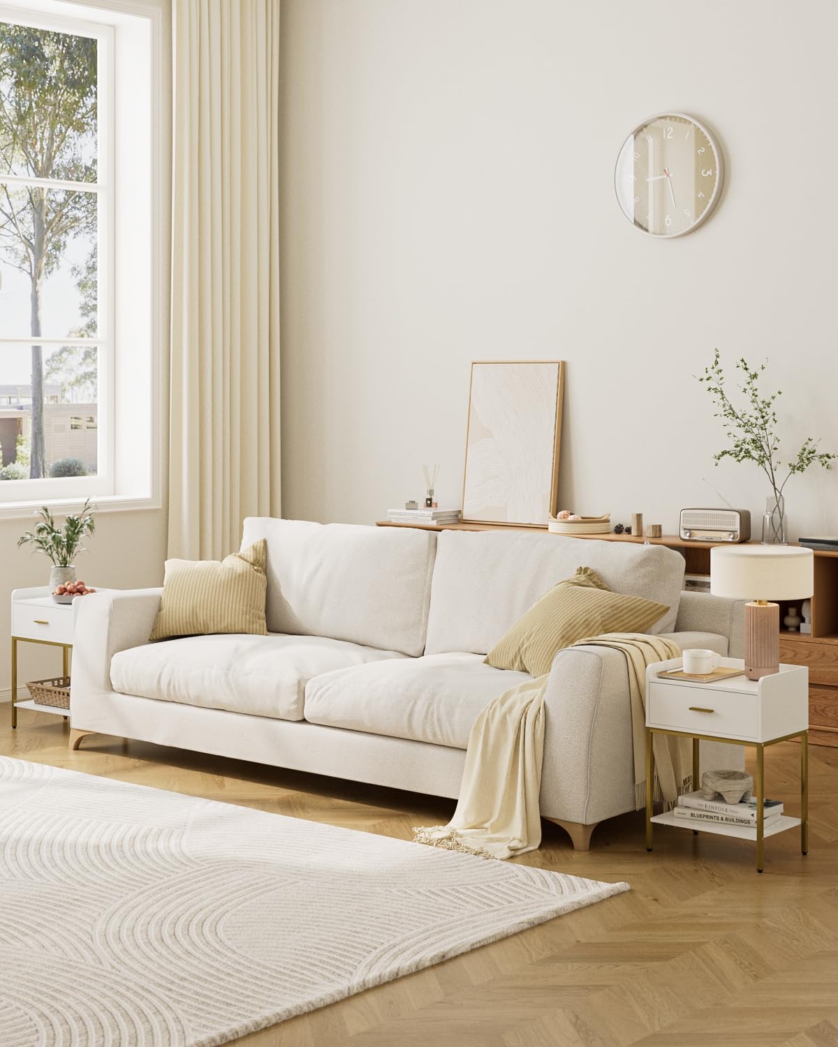 HEYZOEY Mesita de Noche Moderna de 3 Niveles con cajón de Almacenamiento y Estante, Mesa Auxiliar pequeña con Patas Doradas para Dormitorio, Sala de Estar, Color Blanco
