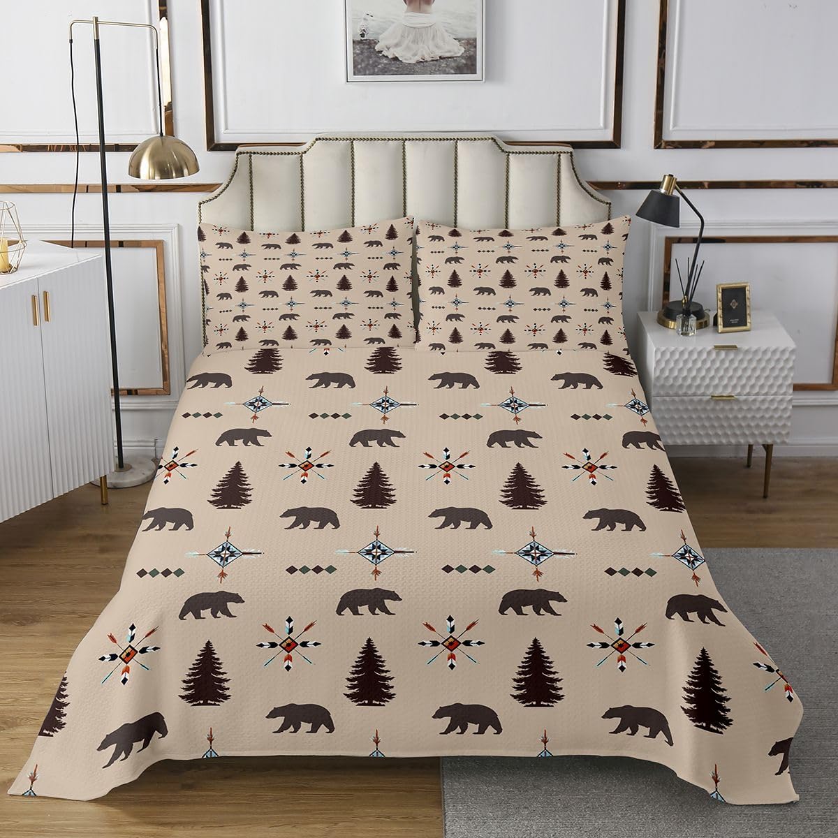 jejeloiu Rustic Cabin Bear Bedspread Quilts Animal Hunting Coverlet Set Twin Size for Kids Boys Girls Farmhouse Beige Quilted Coverlet for All Season with 1 Pillowcase Wild Animal Microfiber