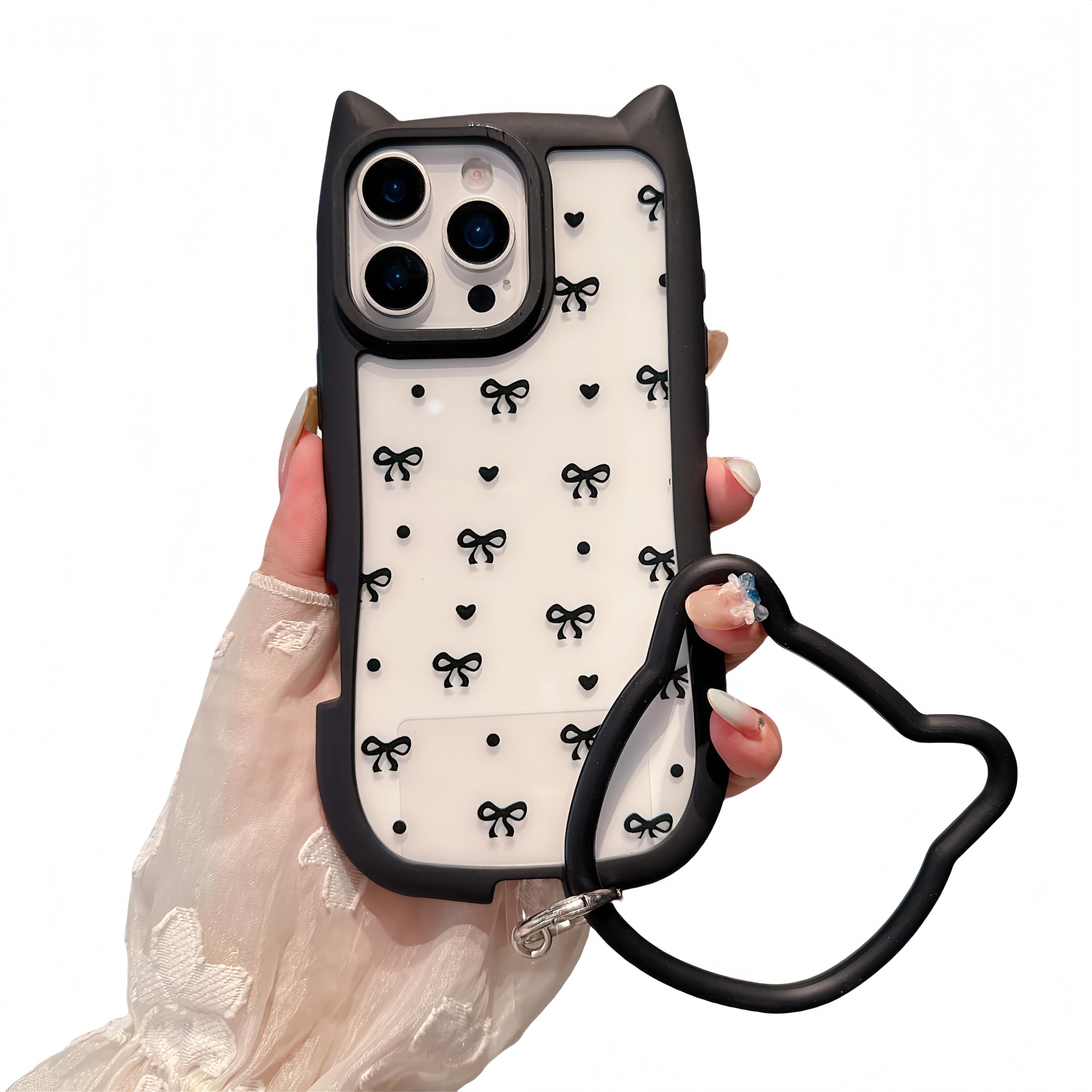 FXFOOT for iPhone 14 Pro Case, [Black Cute Cat Ears] [2-in-1 with Kitty Bracelet] Stylish Bow & Love Print, Soft TPU Shockproof, Gift for Women and