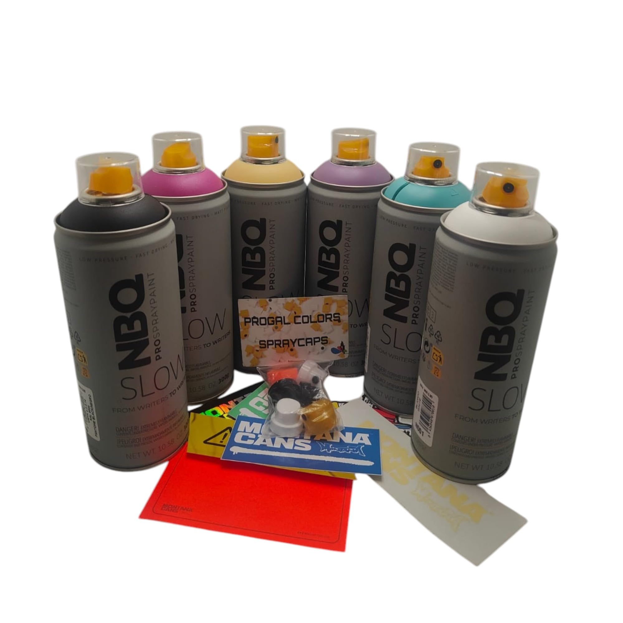 PROGAL COLORS NBQ Sprühfarbe, 6 x 400 ml, matt, Restaurierung, Straßenkunst, Dekoration, DYV, Graffiti, geringer Druck (Mix, 6)