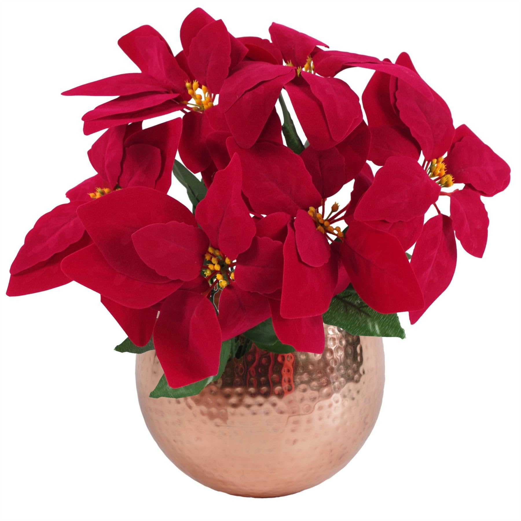 Leaf Red Poinsettia Artificial Plant - 40cm - Copper Hammered Metal Planter