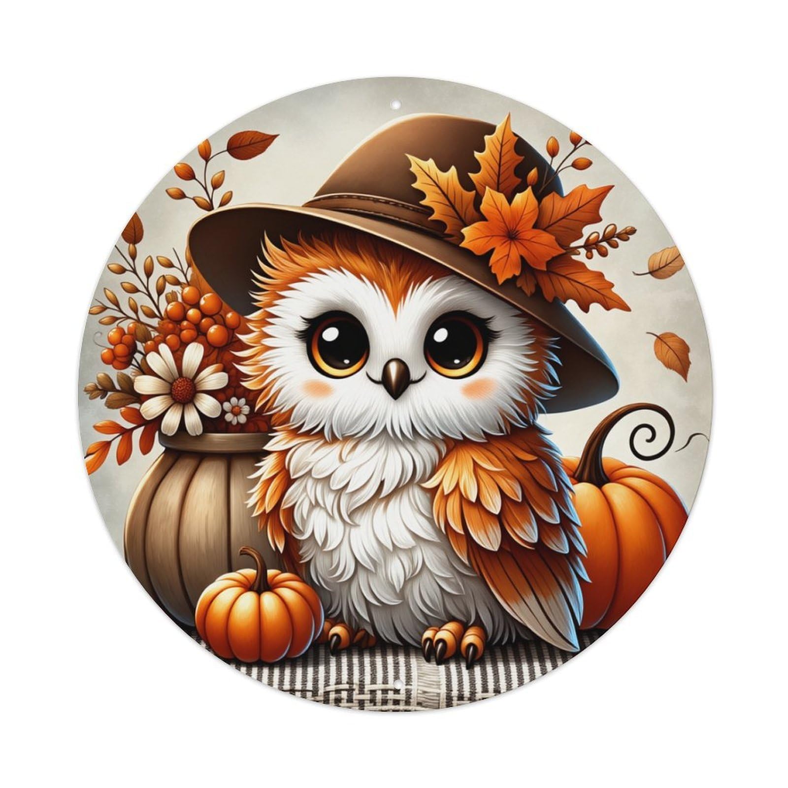 Autumn Owl Hat Pumpkin Leaves Round Tin Sign Retro Metal Sign for Cafe Bar Pub Home Game Room Gym Club Wall Decoration Vintage Metal Poster 8x8 Inch