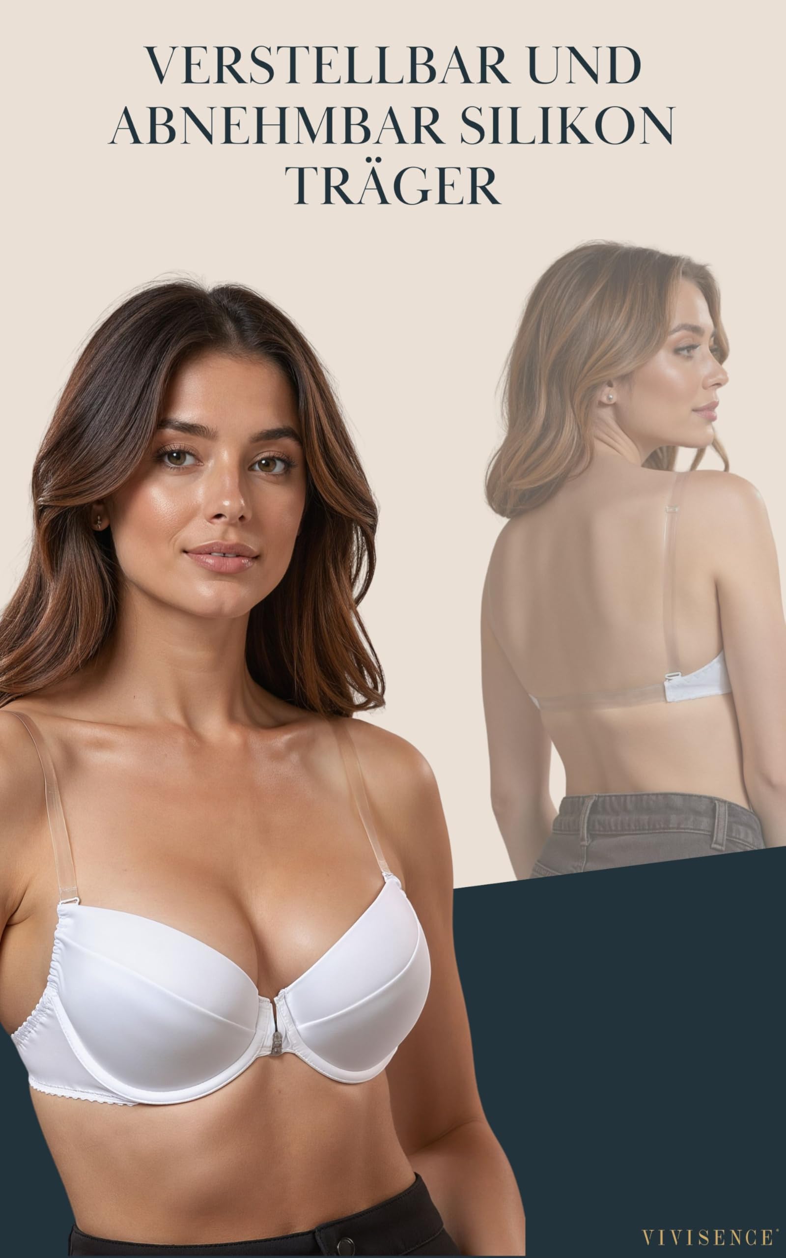 VIVISENCE Damen Push Up BH Rueckenfrei Mit Frontverschluss Gepolsterte Cups Abnehmbare Transparente Traeger Fuer Abendkleider