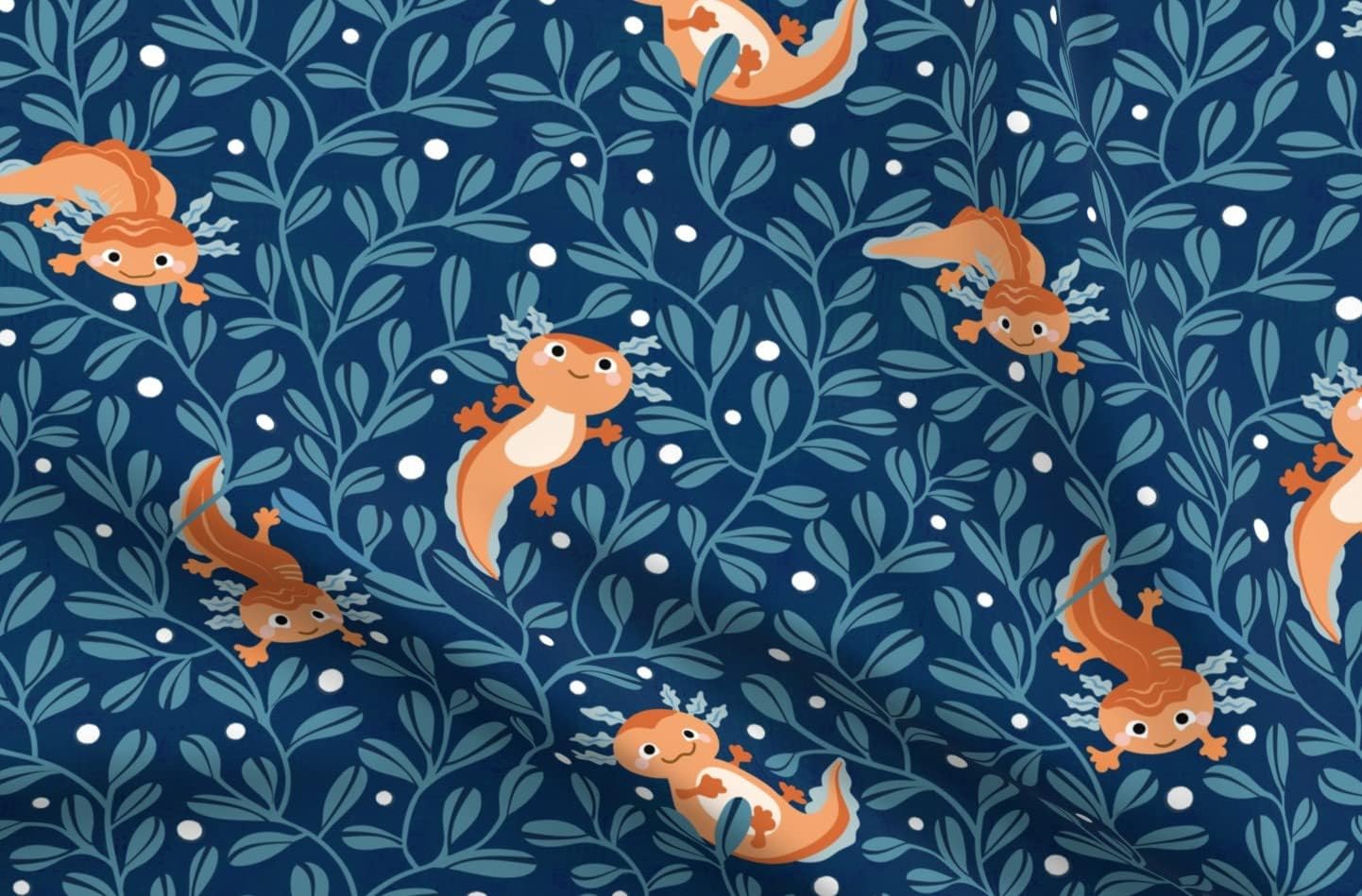 Spoonflower Fabric - Blue Leaves Children Bubbles Kids Axolotl Cute Printed on Organic Cotton Sateen Fabric by The Yard - Sewing Quilting Apparel Home Decor