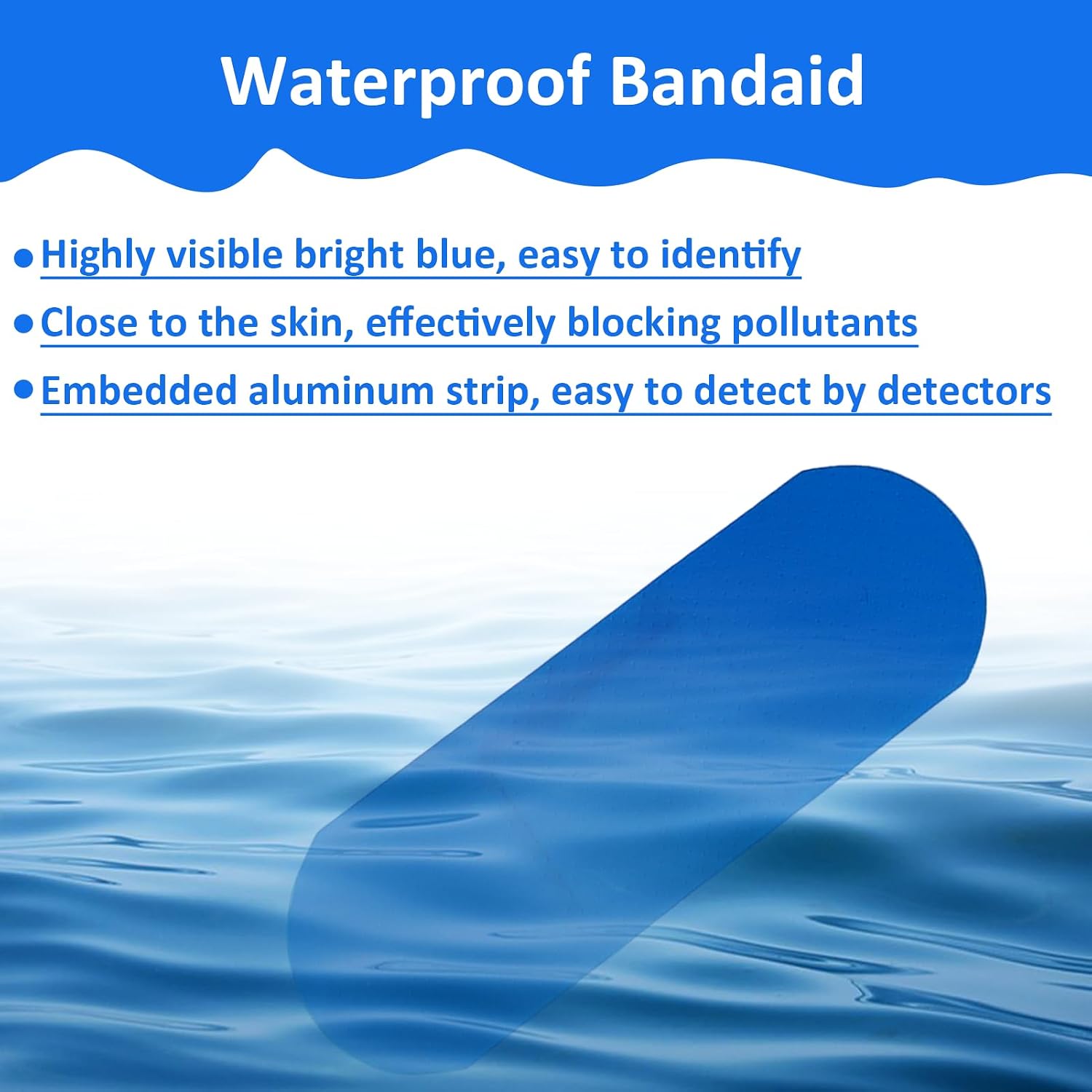 400 PCS Blue Detectable Food Service Bandaids, PE Fingertip Bandages Bulk, Waterproof Bandaid Flexible Fabric with Non-Stick Pad Latex Free, Essential for Catering First aid (1" X 3",Rectangle)