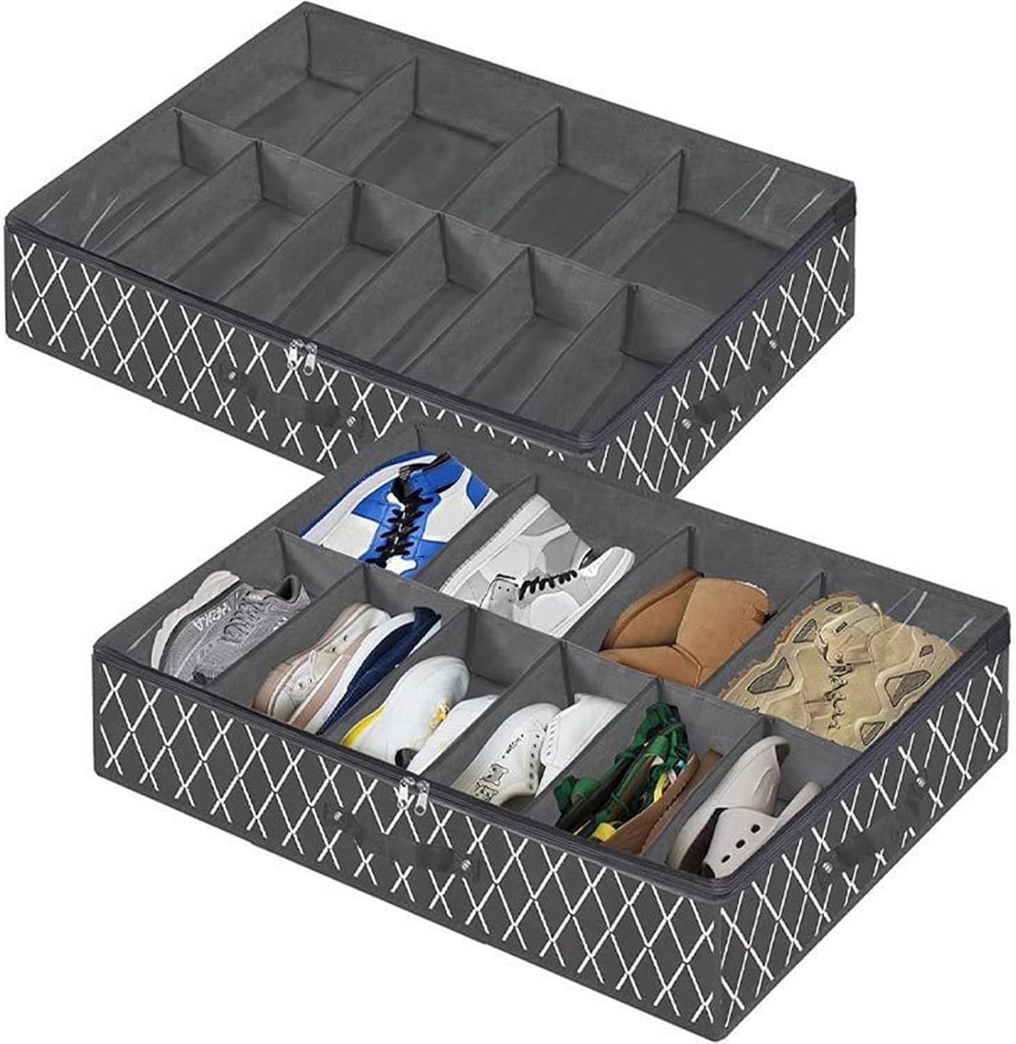 BAHREL Shoe Storage Organizer Under Bed, 2 Pack Fits 24 Pairs, Underbed Shoe Storage Box with Sturdy Handles and Clear Window, Breathable Fabric Underbed Storage Solution for Sneakers Slippers