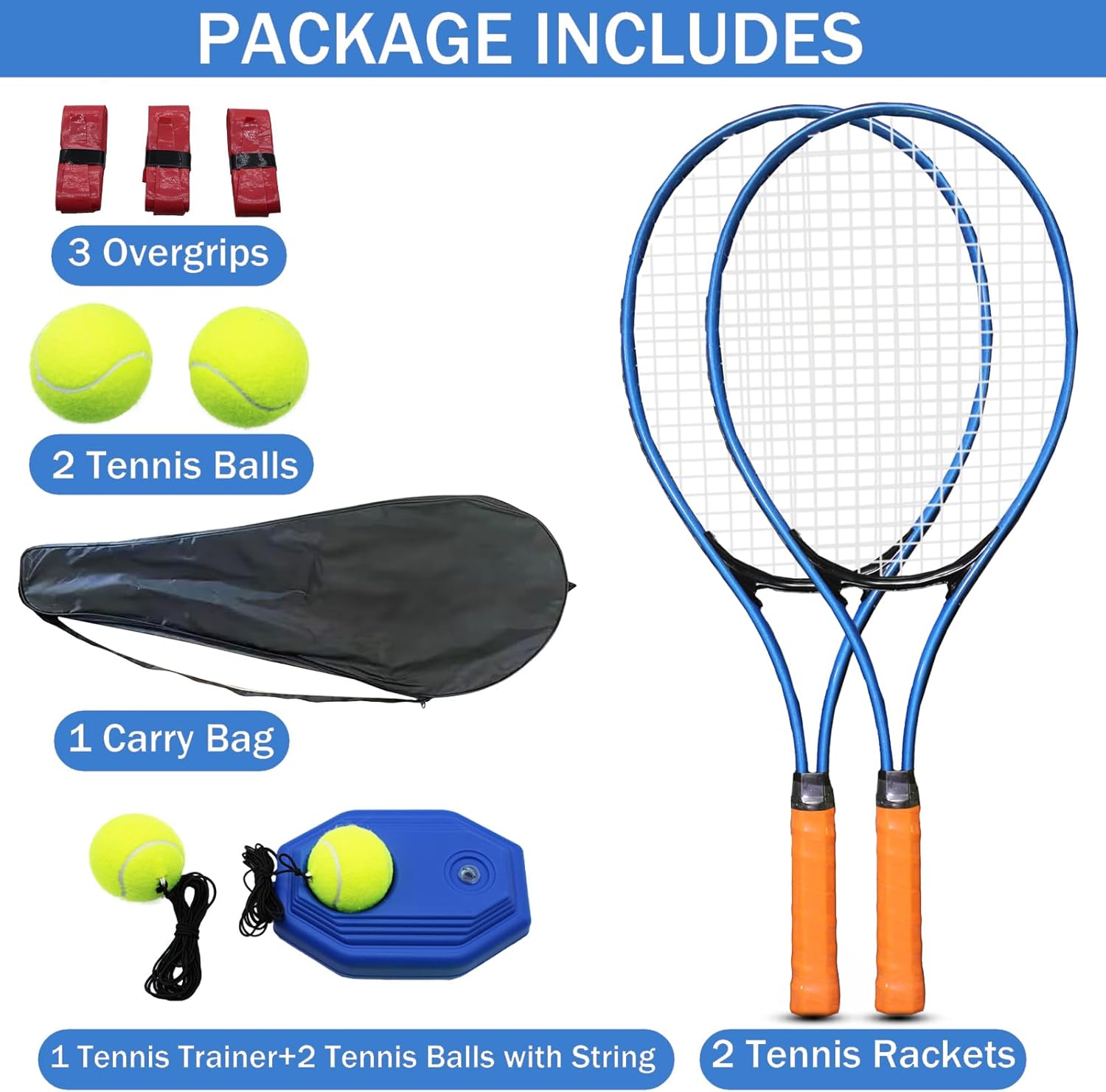 tennis rackets for adult, 2 players adult recreational tennis rackets set for beginners and professional with 4 tennis balls, 3 overgrips, 1 tennis bag dark blue