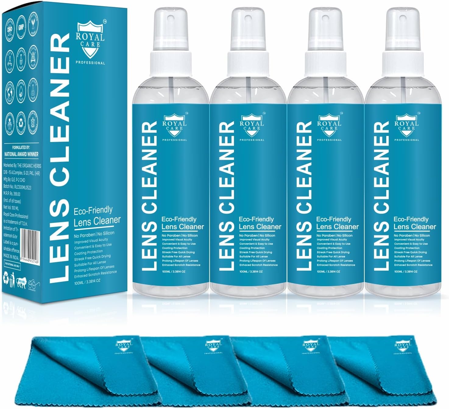 Royal Care Lens Cleaner Spray 100 ML Pack Kit – Professional Lens Cleaner Spray with Microfiber Cloths – Best for Eyeglasses, Cameras, and Lenses - Safely Cleans Fingerprints, Dust, Oil (Pack of 4)