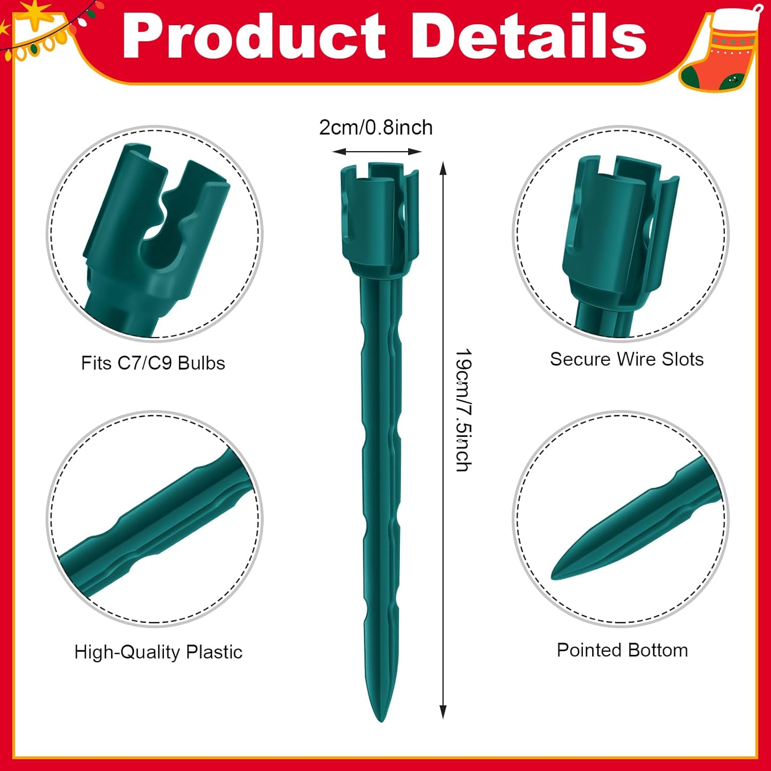 60 Pcs 7.5 Inch Christmas Light Stakes, Christmas Yard Stakes for C7 C9 Christmas Lights, Garden Path Walkway Holiday Decorations(Green)