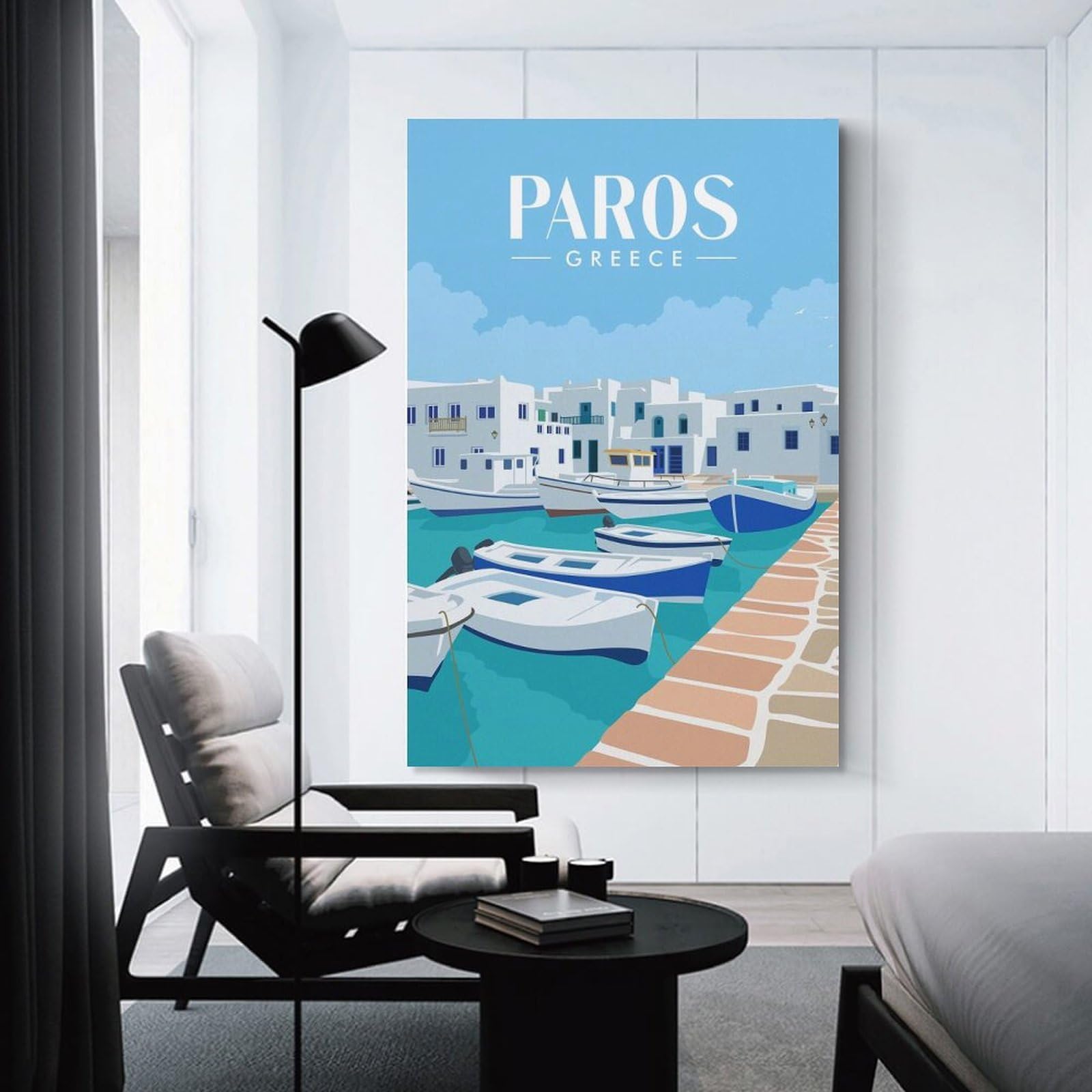 Junmoney Wall Picture Print Paros Greece And Boat, 24x36inch(60x90cm), for Living Room, Bedroom Or Home Office, Thoughtful Wall Decor for Art Lovers