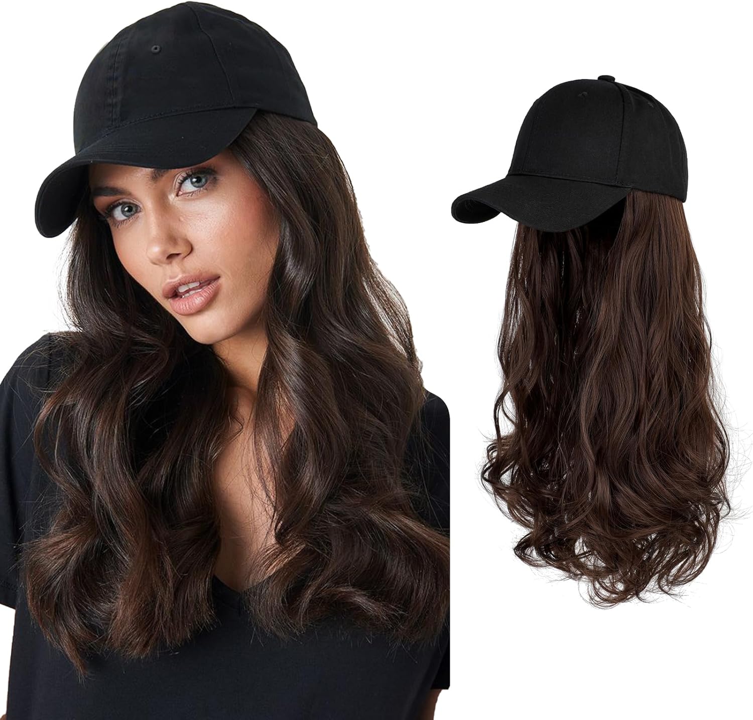 AynnQueen Baseball Cap with Detachable Hair Extensions for Women 21 inch Long Wavy Synthetic Hair with Adjustable Hat