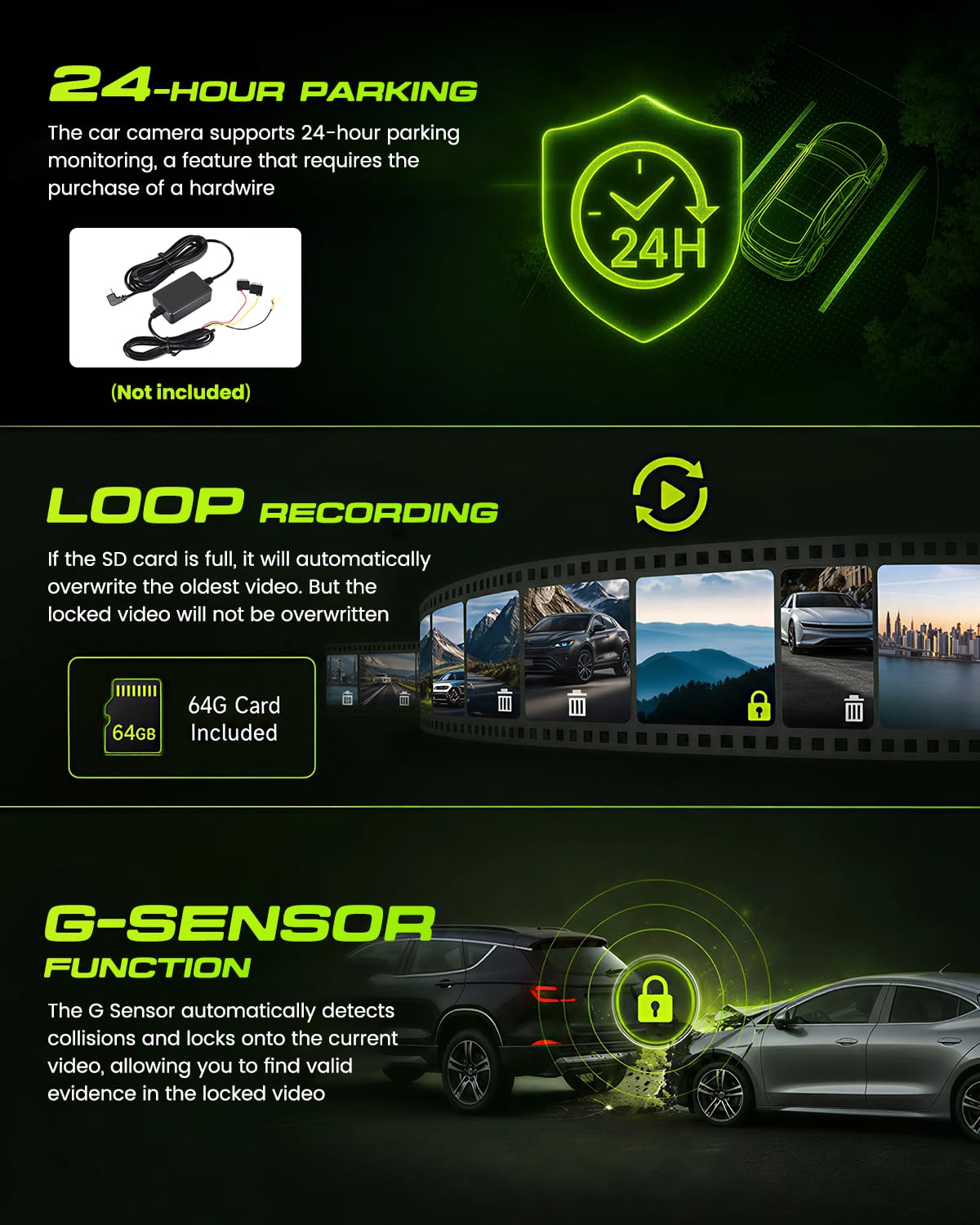 Inefala Dash Cam 4K Fronte Retro WiFi, 64GB, Schermo 3 Pollici