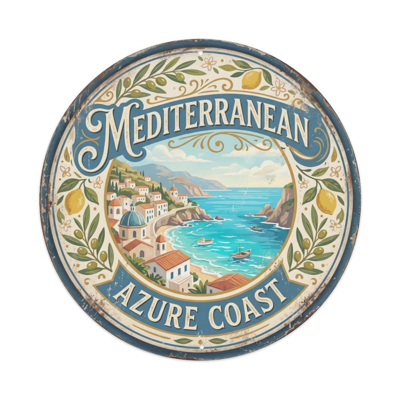 Vintage Travel Mediterranean Coast Azure Metal Tin Sign Plaque Wall Decor for Cafe, Club Bar, Office, Home Garden Round Metal Poster 8x8Inch