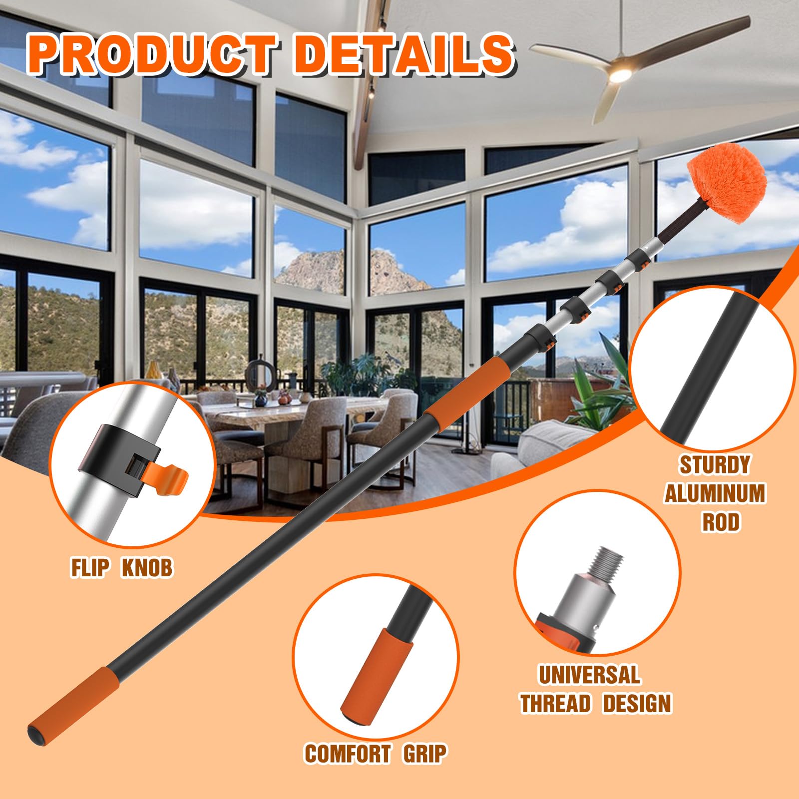 SISUPASSIE Pluma Extensible 3,6m, Cepillo Profesional para Telarañas con Mango Largo, Limpiador Lavable para Altos Techos y Tejados