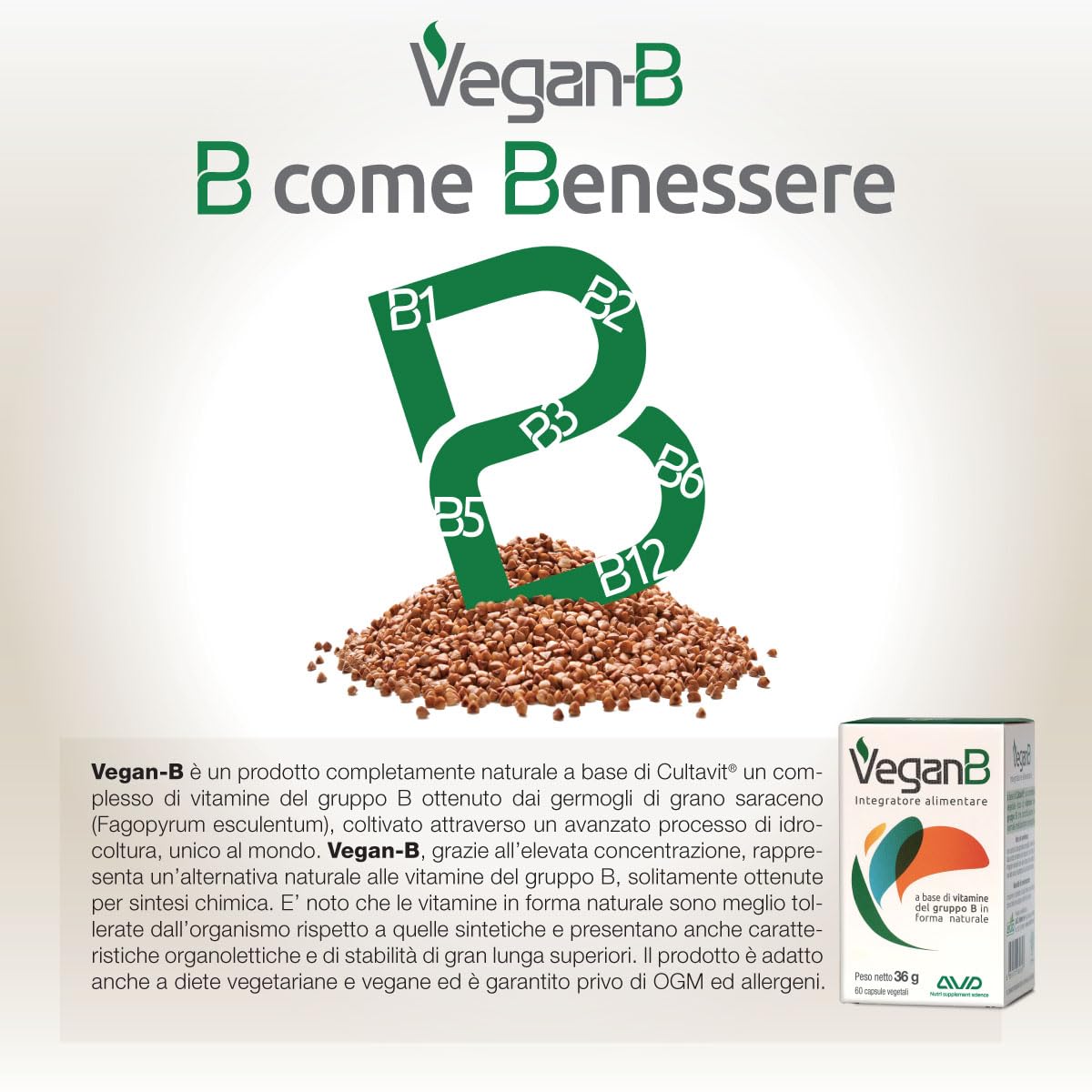 AVD REFORM | VeganB – Complesso Vegetale ricco di Vitamine del Gruppo B da Germogli di Grano Saraceno – Adatto a Vegani e Vegetariani – 60 capsule - Prodotto in Italia