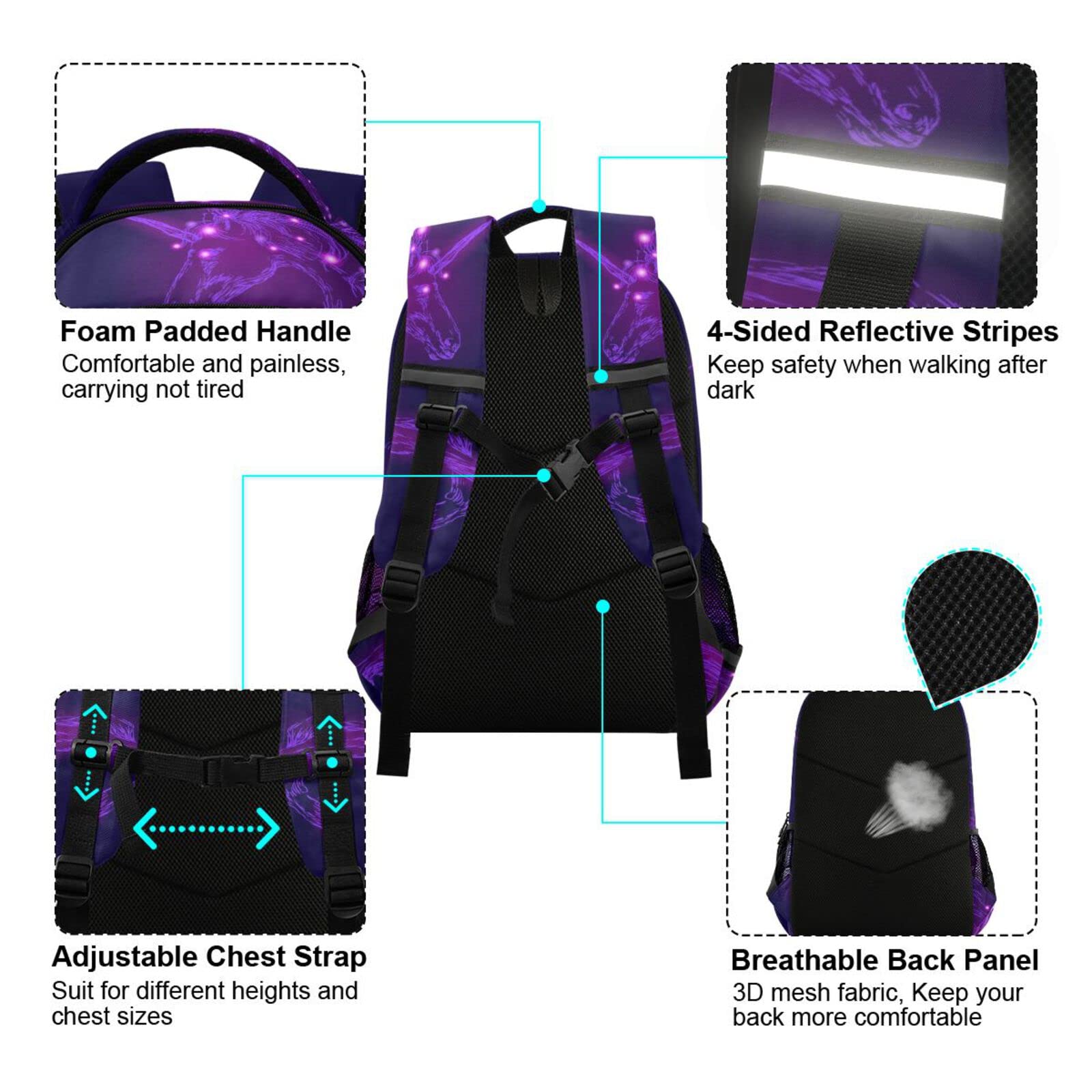 Mnrsuu Mochila con diseño de unicornio y galaxia de caballo morado para niños y niñas, mochila de viaje para laptop, A072