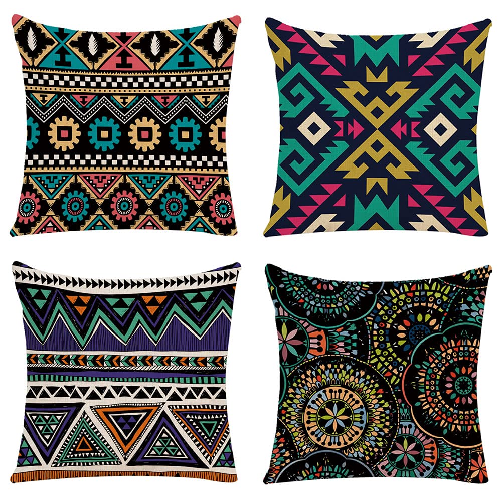 Dusenly 4 Pack Boho Throw Pillow Covers Bohemian Decorative Square Boho Cushions for Home Decoration Sofa Bedroom Car Floral Outdoor Cushions, 18 * 18 inch