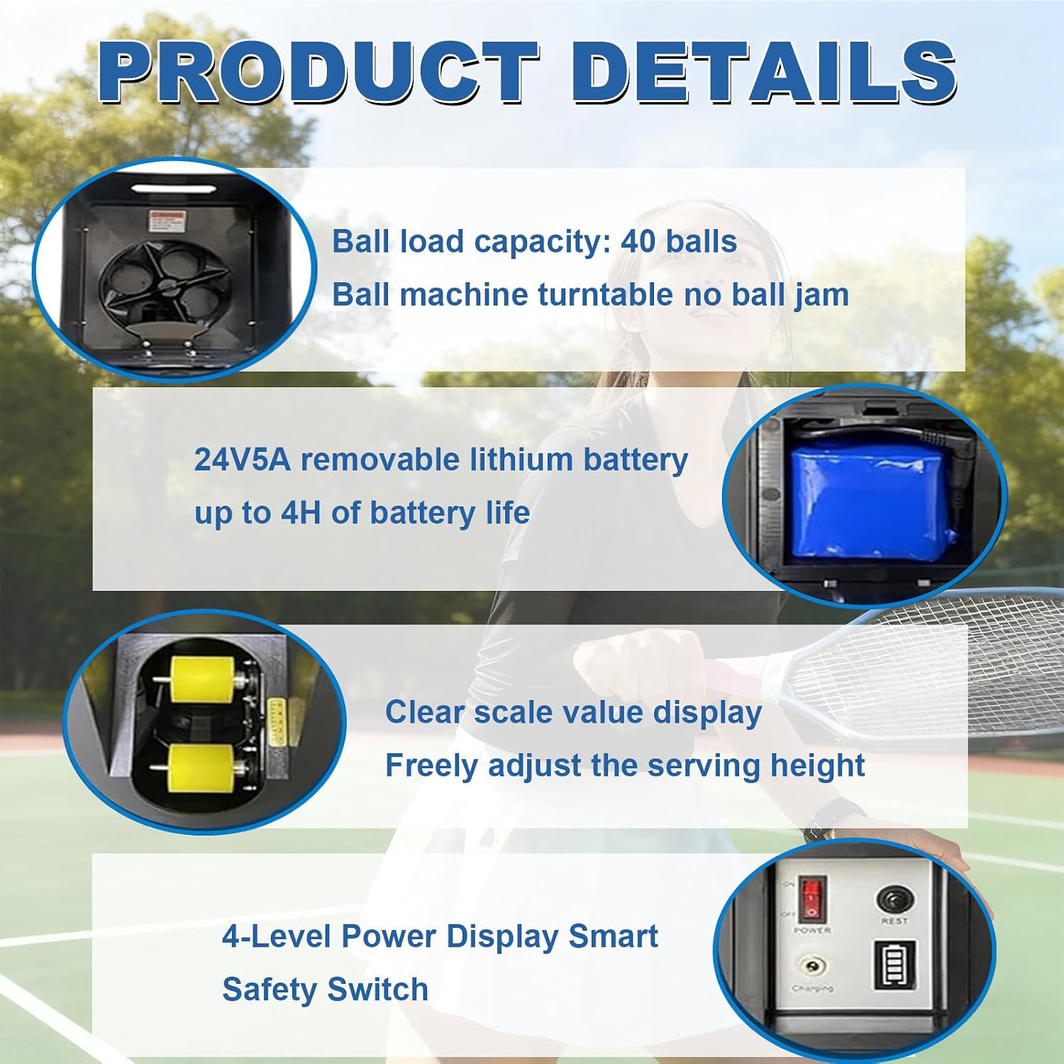 Portable Ball Machine, Practice Ball Thrower with Telescopic Handle and Roller, Smart App and Remote Control, Dc24v/5ah Removable Battery, Suitable for Beginners Training Equipment
