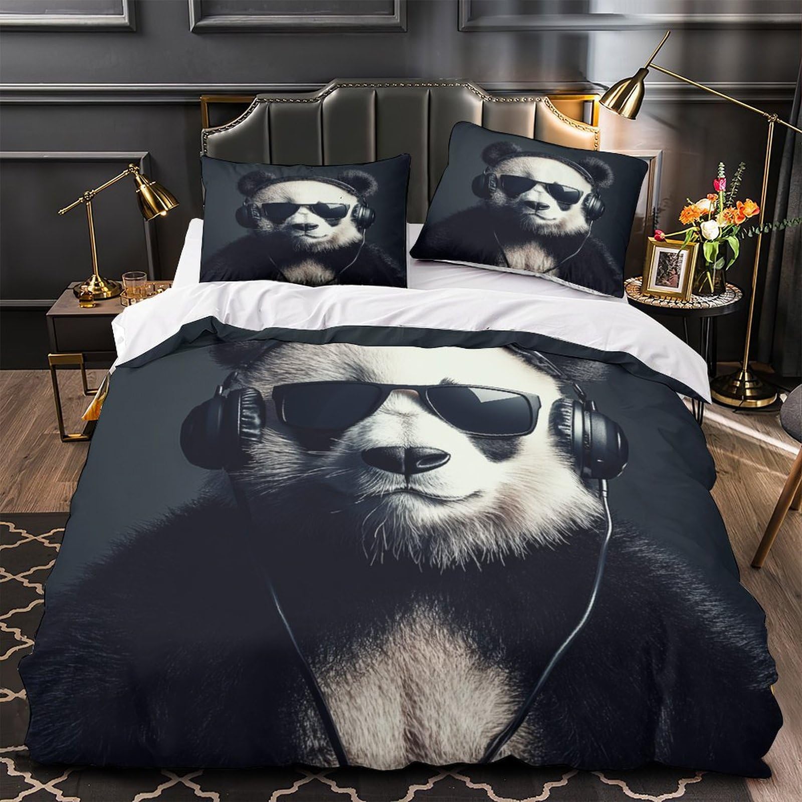 Housse de couette Panda DJ 3D 260x220 cm avec 2 taies d'oreiller
