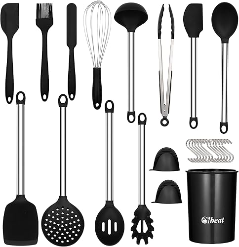 Juego de utensilios de cocina de 27 piezas con soporte, utensilios de cocina de silicona, juego de espátulas de cocina con mango de acero