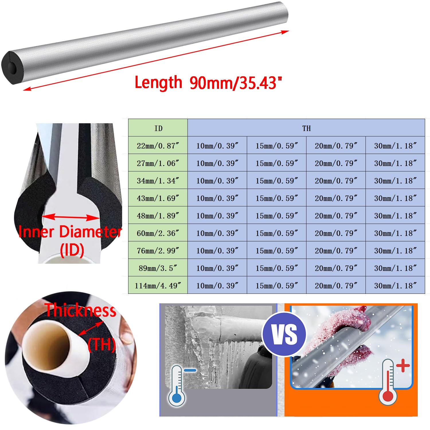 Tubo Aislante for tuberías, Cubiertas de Espuma de Alta Resistencia for tuberías Exteriores, Envoltura de Espuma Aislante autoadhesiva precortada(ID*TH-114 * 50mm/4.49 * 1.97in)