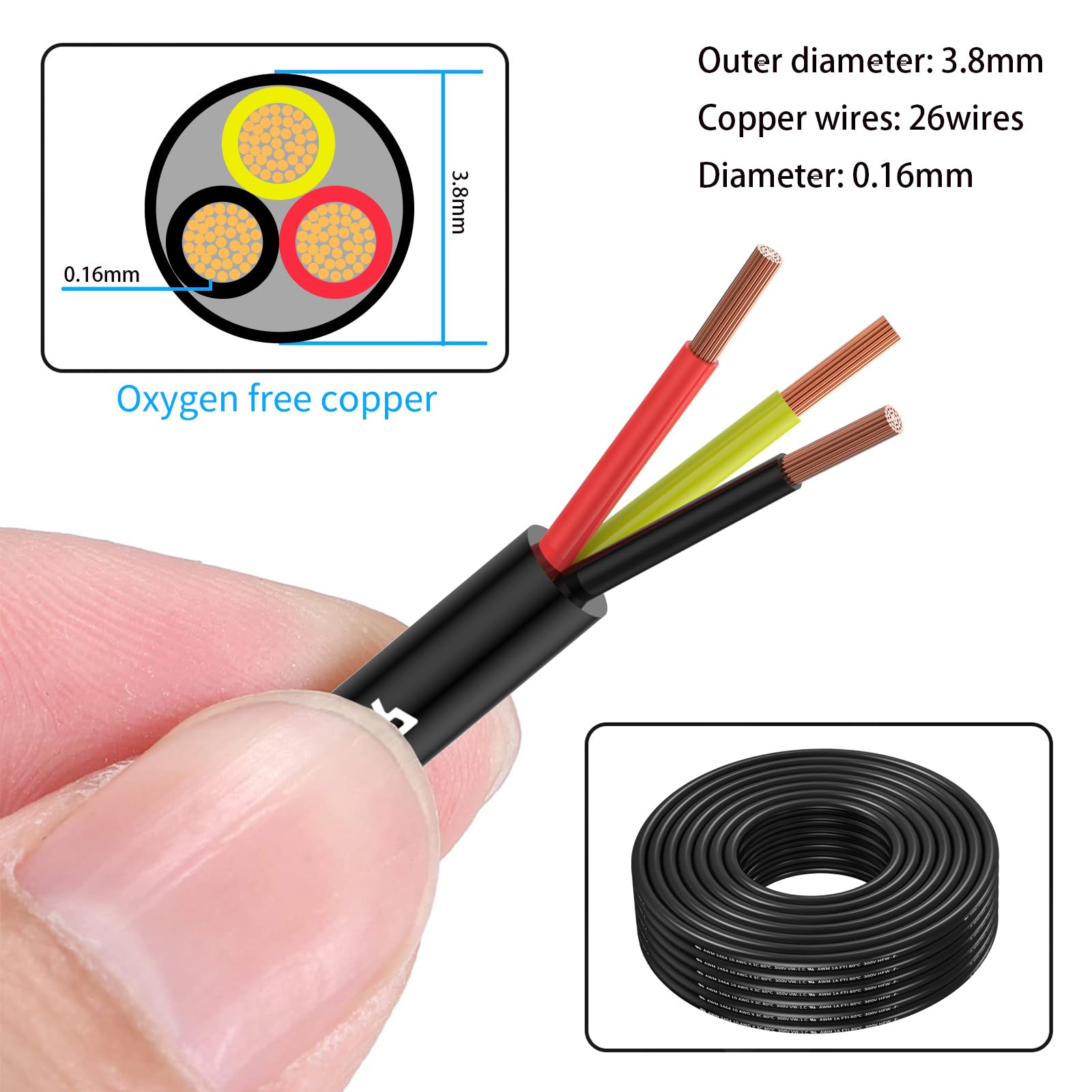 20 Gauge 3 Conductor Electrical Wire Oxygen-Free Copper Cable 50FT/15.3M Flexible Low Voltage Cable for LED Strips Lamps Lighting Residential Wiring car Circuit(20/3AWG-50FT)