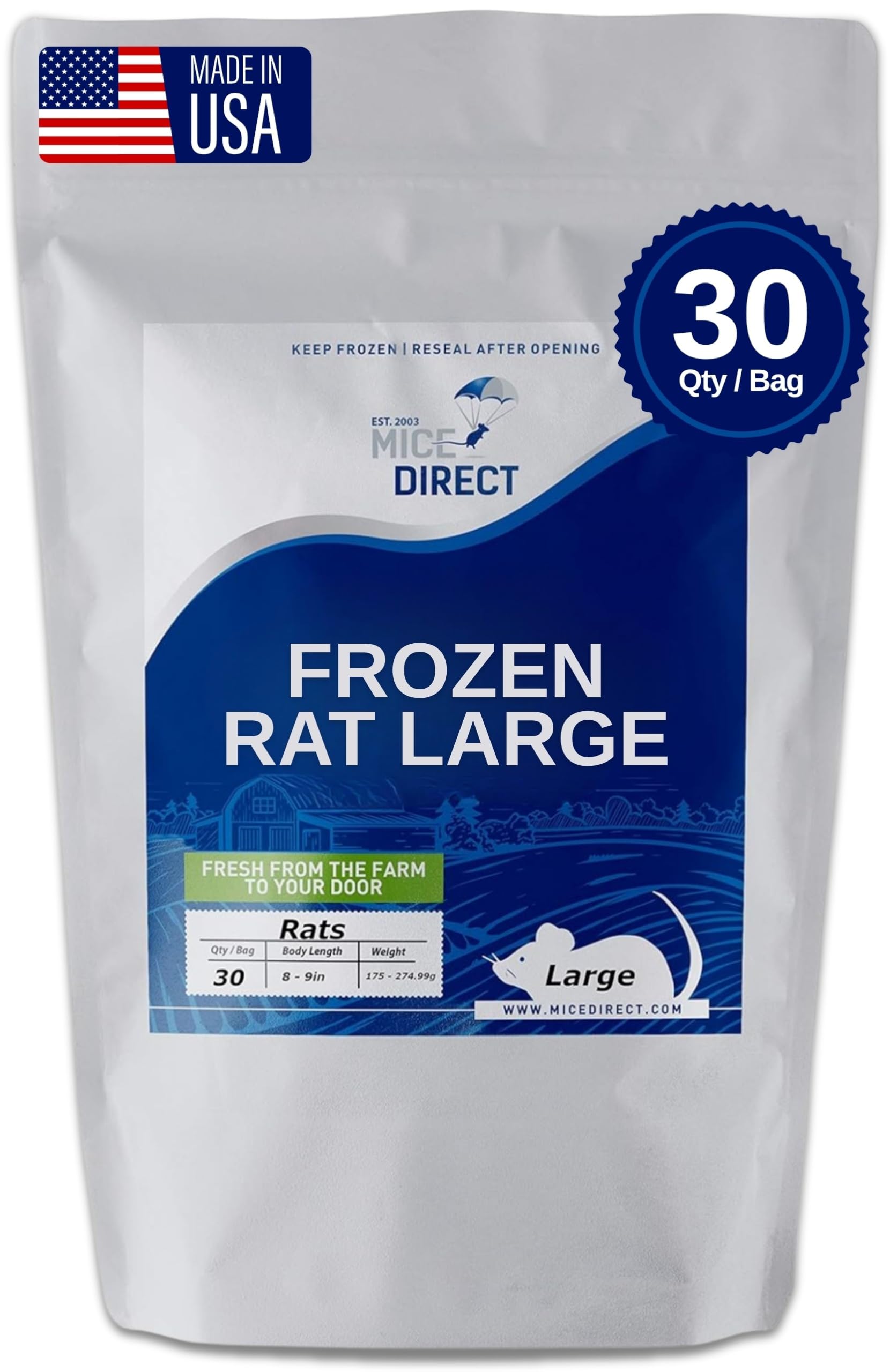 MiceDirect 30 Frozen Large Feeders Snake Food for Adult Red Tail Boas (8-9 in)(5250 Grams Min)