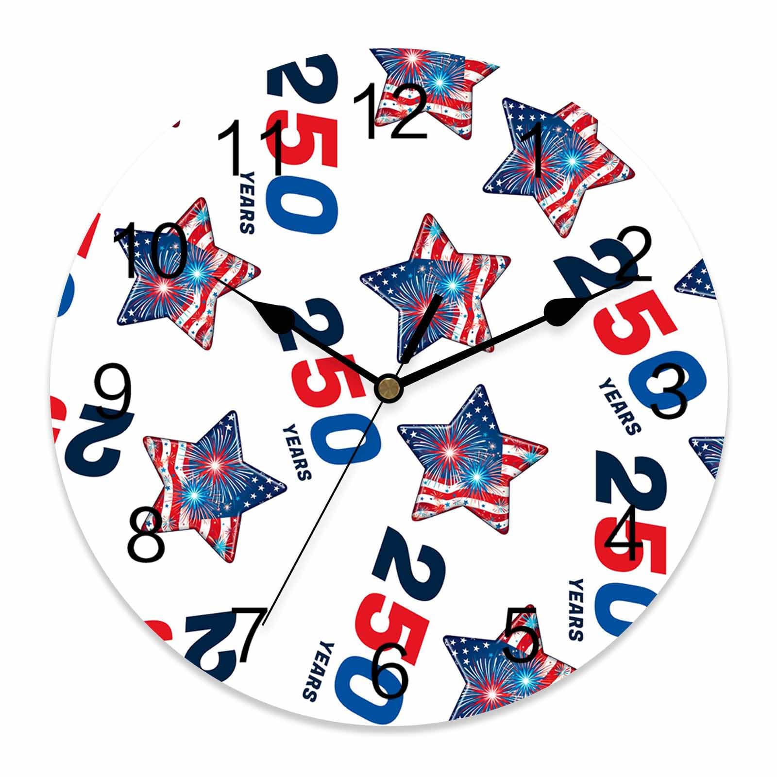 Ensound 4th of July Wall Clock Patriotic Star Fireworks 250 Years Clocks Wooden Silent Non-Ticking Battery Operated Decorative American Flag Round Clock for Home Living Room Kitchen Bedroom 12 Inch