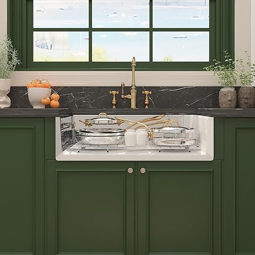 Miniatura 4 de Fregadero de cocina frontal de 33 x 21 pulgadas, fregadero de cocina de cerámica blanca de porcelana de un solo cuenco, fregadero de granja extra