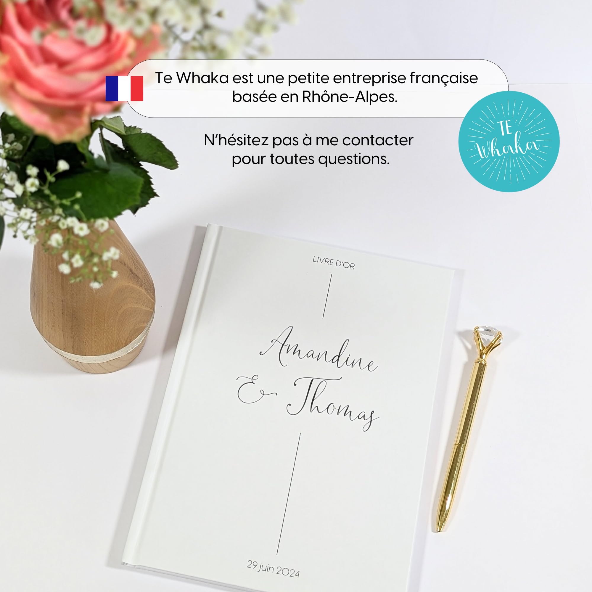 Livre d'or mariage personnalisé | 68 pages, couverture rigide, 24x17cm | Livre d'or personnalisé - Livre d'or pré-rempli - Album de mariage | TE Whaka