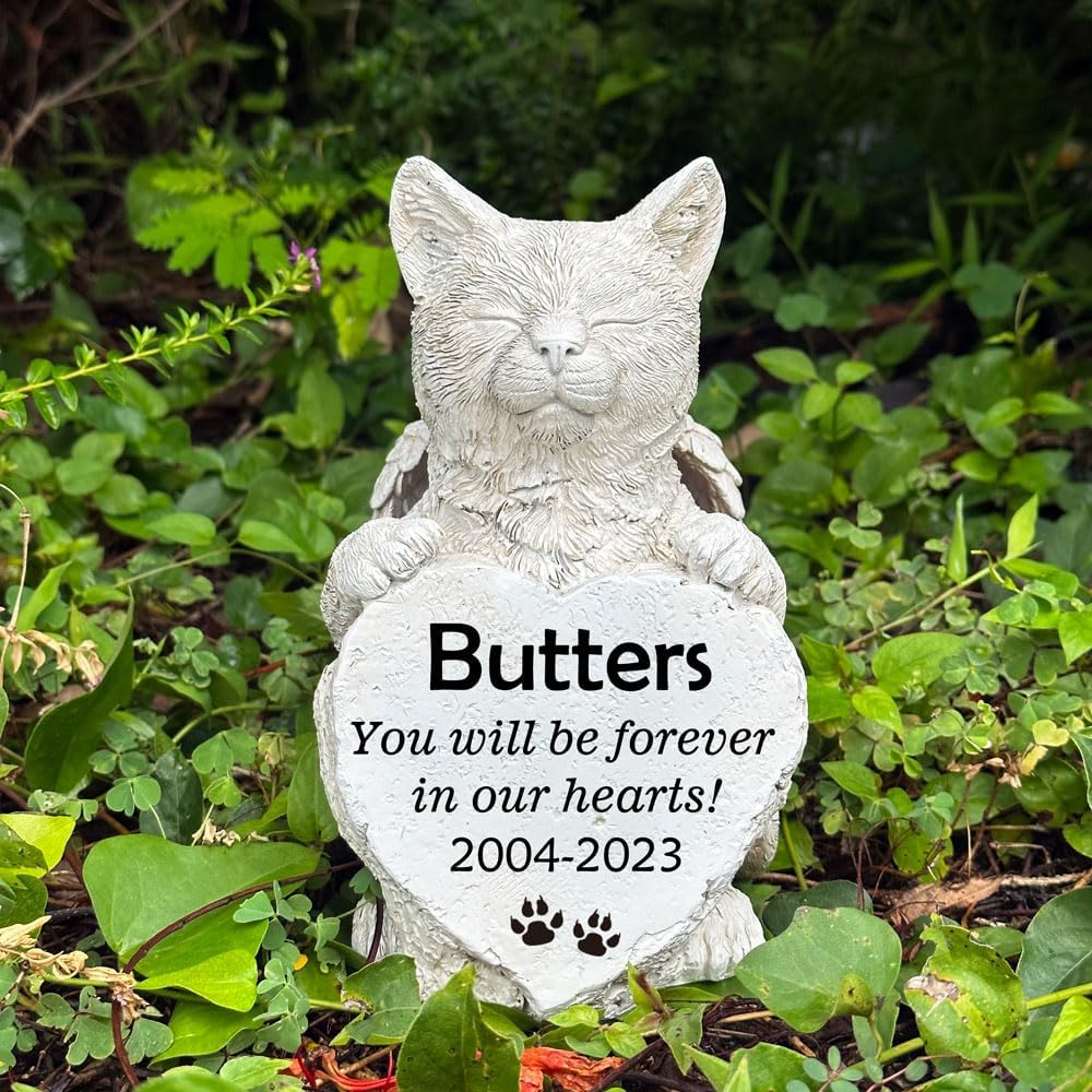 Angel Cat Holding Heart Memorial Stone, Cat Garden Statue Pet Headstone Grave Markers, Outdoor Loss of Cat Sympathy Gift