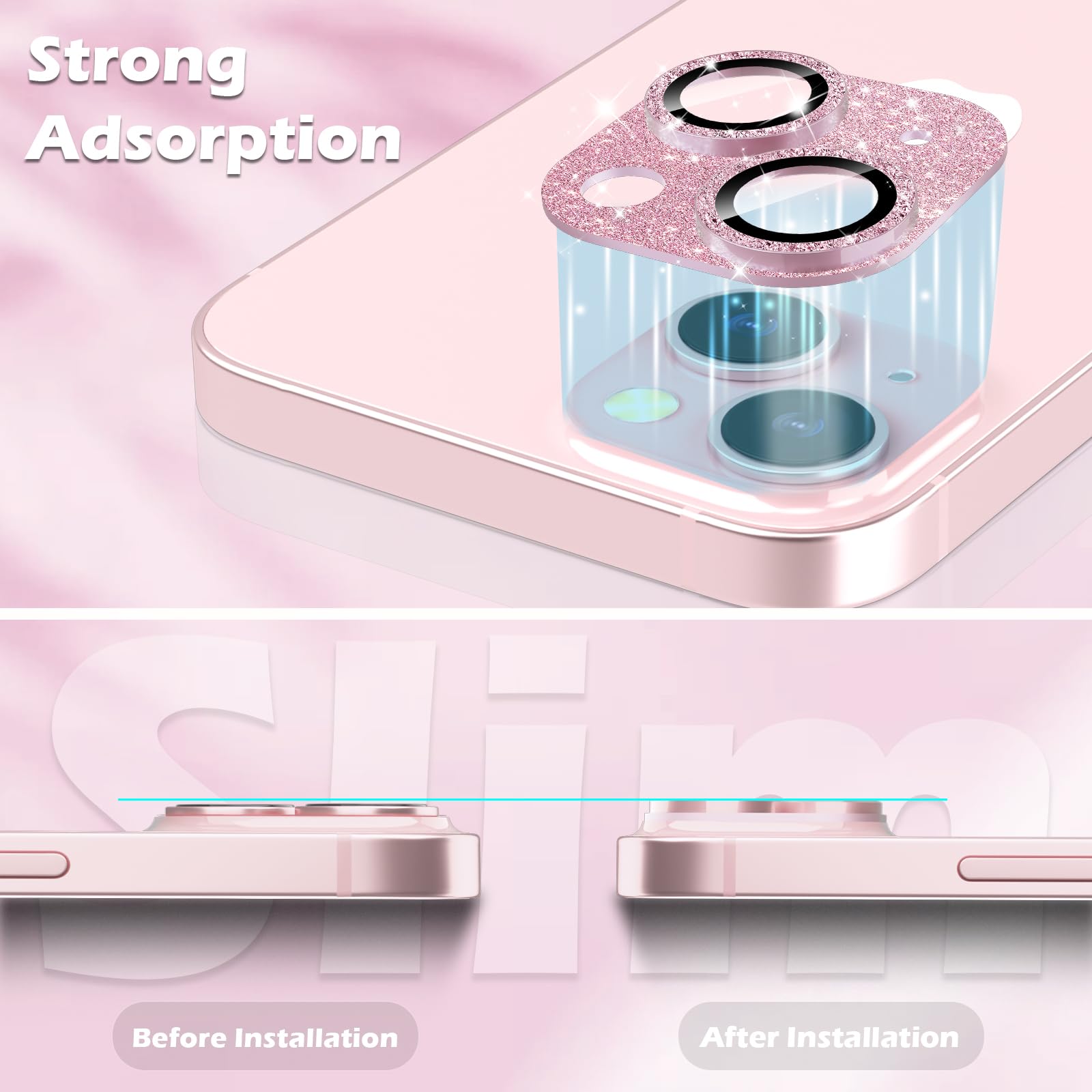 Imluckies Camera Lens Protector For IPhone 15 / IPhone 15 Plus Bling Pink, Anti-Scratch HD Tempered Glass With Aluminum Alloy Edge, Shiny Not Effect - View #8