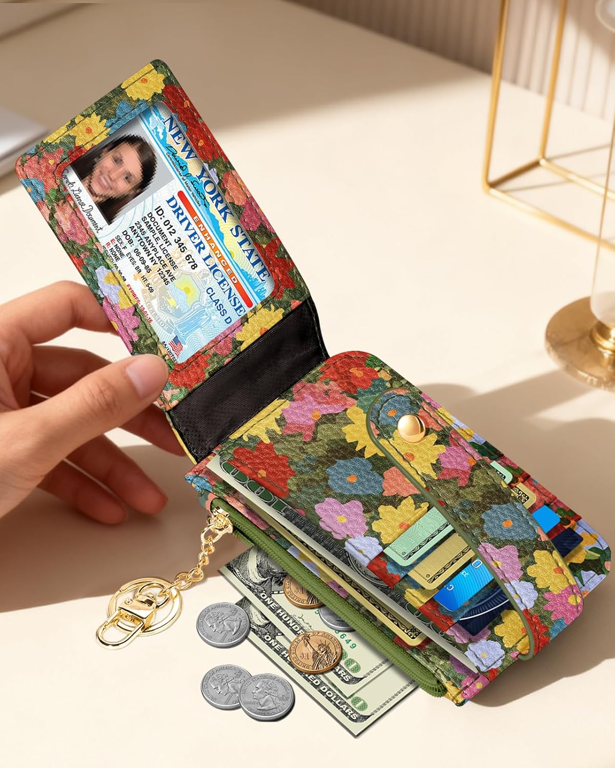 Slim Small Card Wallet for Women – Cute Card Holder Wallets with Keychain Credit RFID Blocking Holds 7 Cards, Leather Fashion Design for Female Ladies Teen Girls, Cat Flower - Image 5