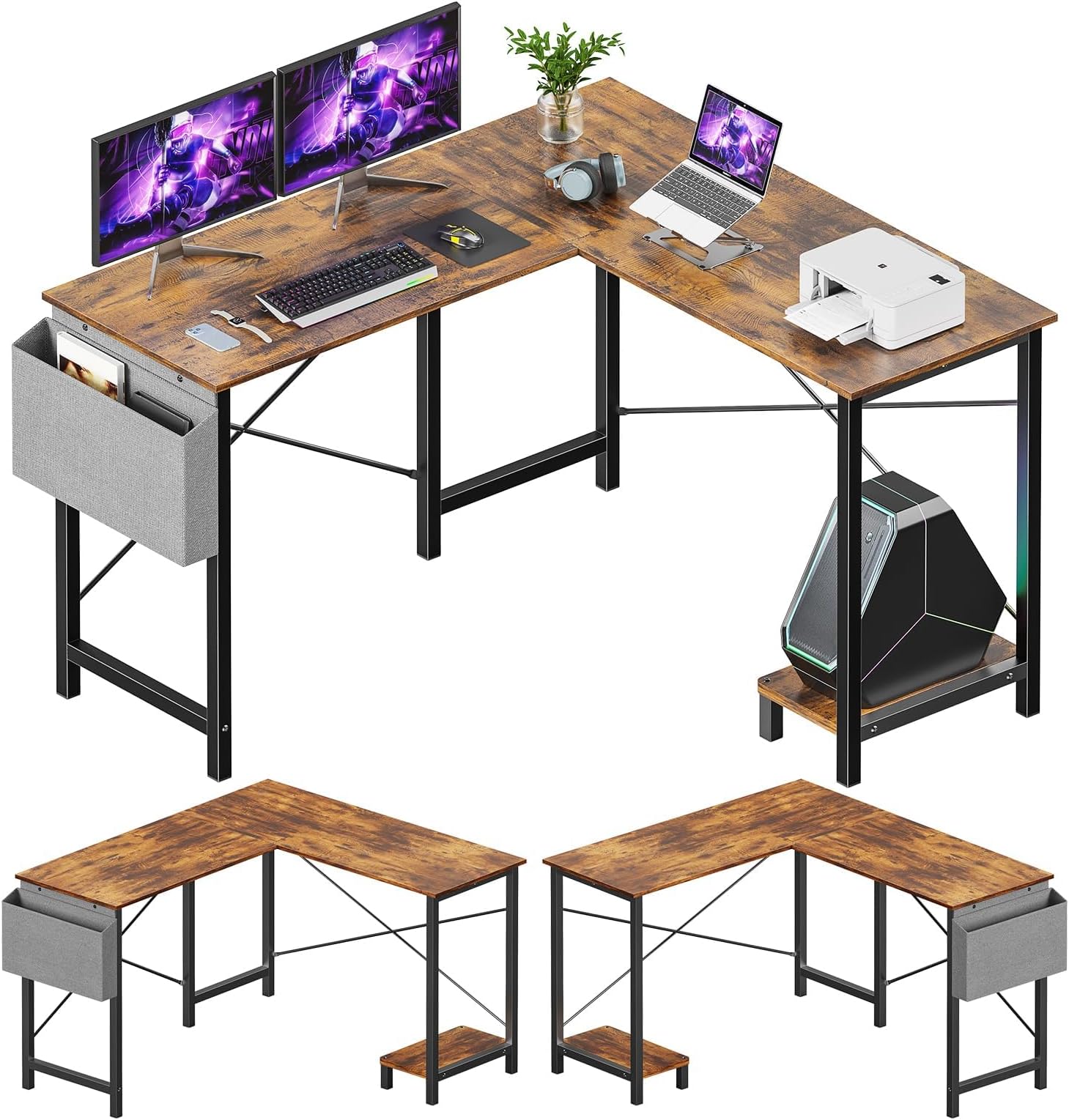 Sweetcrispy L Shaped Desk 50 Inch Computer Gaming Corner Table for Writing Study Student PC with Wooden Desktop Sturdy Metal Frame CPU Stand Side Bag Reversible for Home Office Small Place Brown