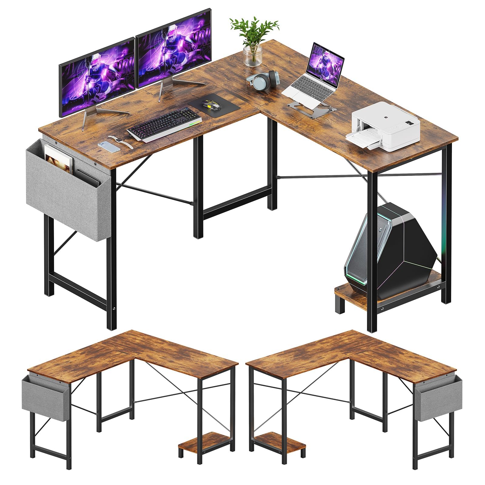 Sweetcrispy L Shaped Desk - Computer Corner Gaming PC Table with CPU Stand Side Bag for Home Office Dorm Sturdy Writing Workstation