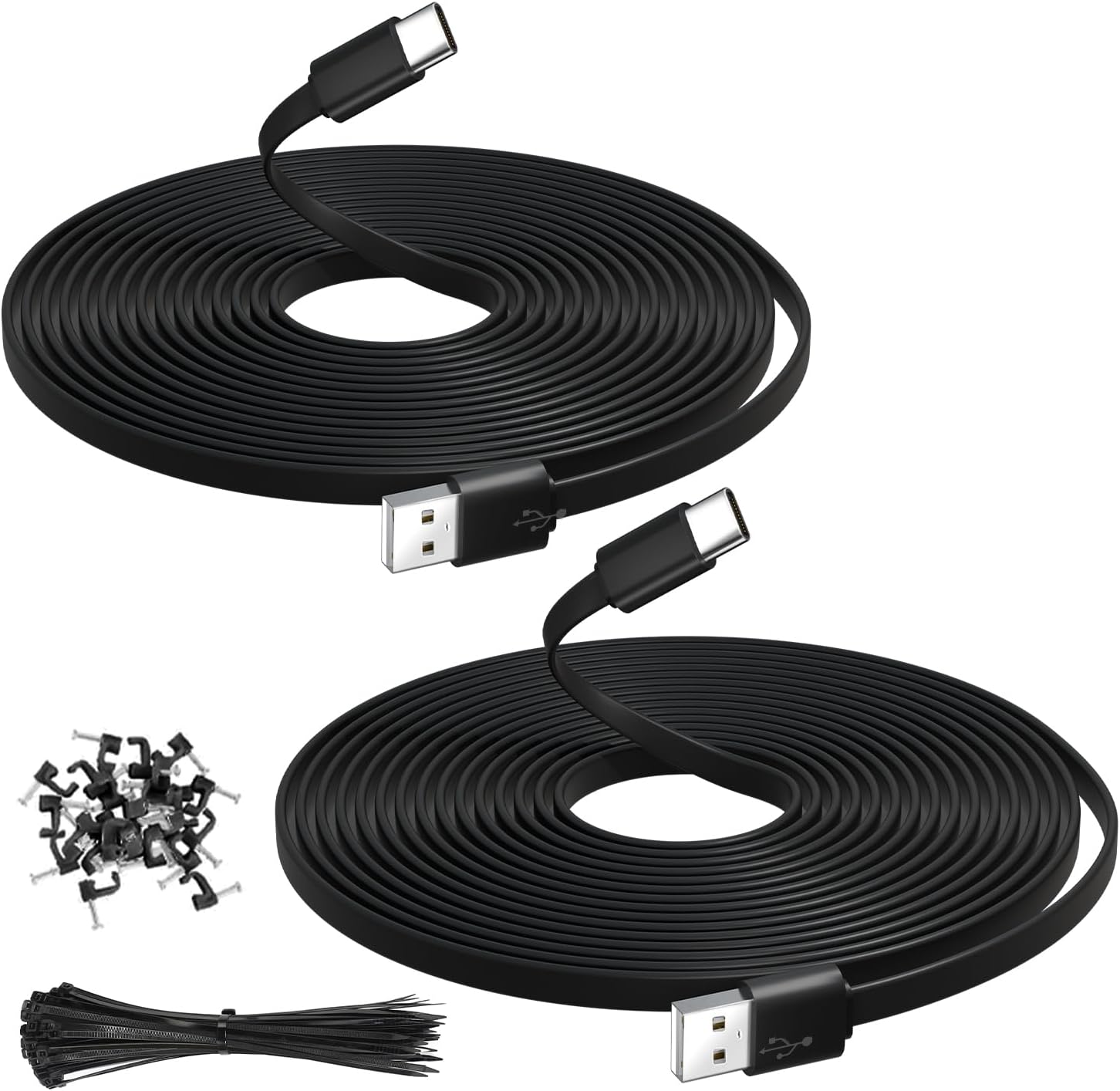 2PCS 16.4FT/5M Extra Long Flat USB A to USBC Cable with Fixing Nails and Ties Data Transfer Charging Power Extension Cord for Home Security Cameras, Phones, Tablets, Gaming Controller, etc