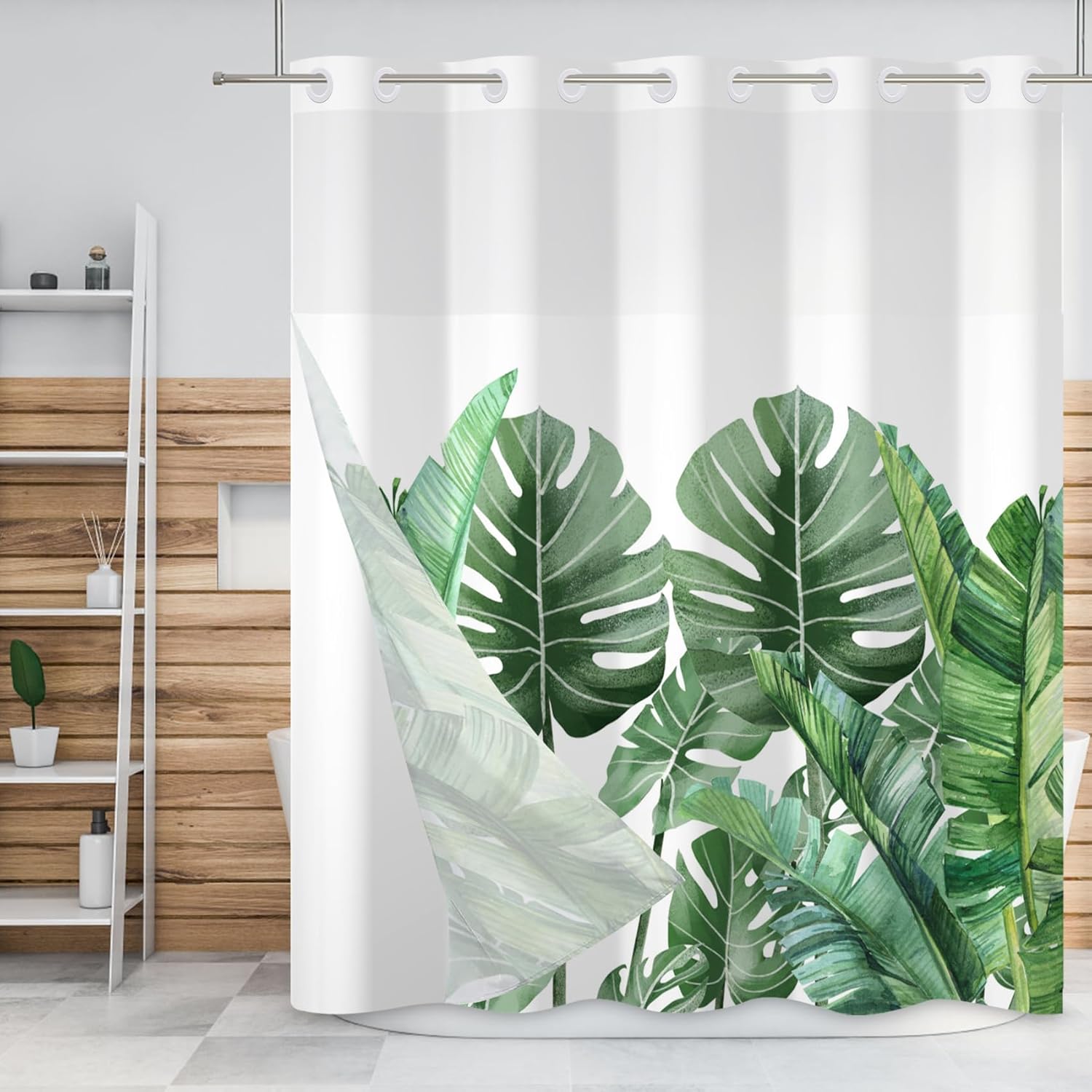 Baocicco Palm Leaf No Hook Shower Curtain Green Banana Leaves Tropical Botanical Double Layers Waterproof Fabric with See Through Top Window Minimalist Hotel Shower Curtain and Liner Set 71x74 Inch