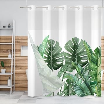 Palm Leaf No Hook Shower Curtain Green Banana Leaves Tropical Botanical Double Layers Waterproof Fabric with See Through Top Window Minimalist Hotel Shower Curtain and Liner Set 71x74 Inch