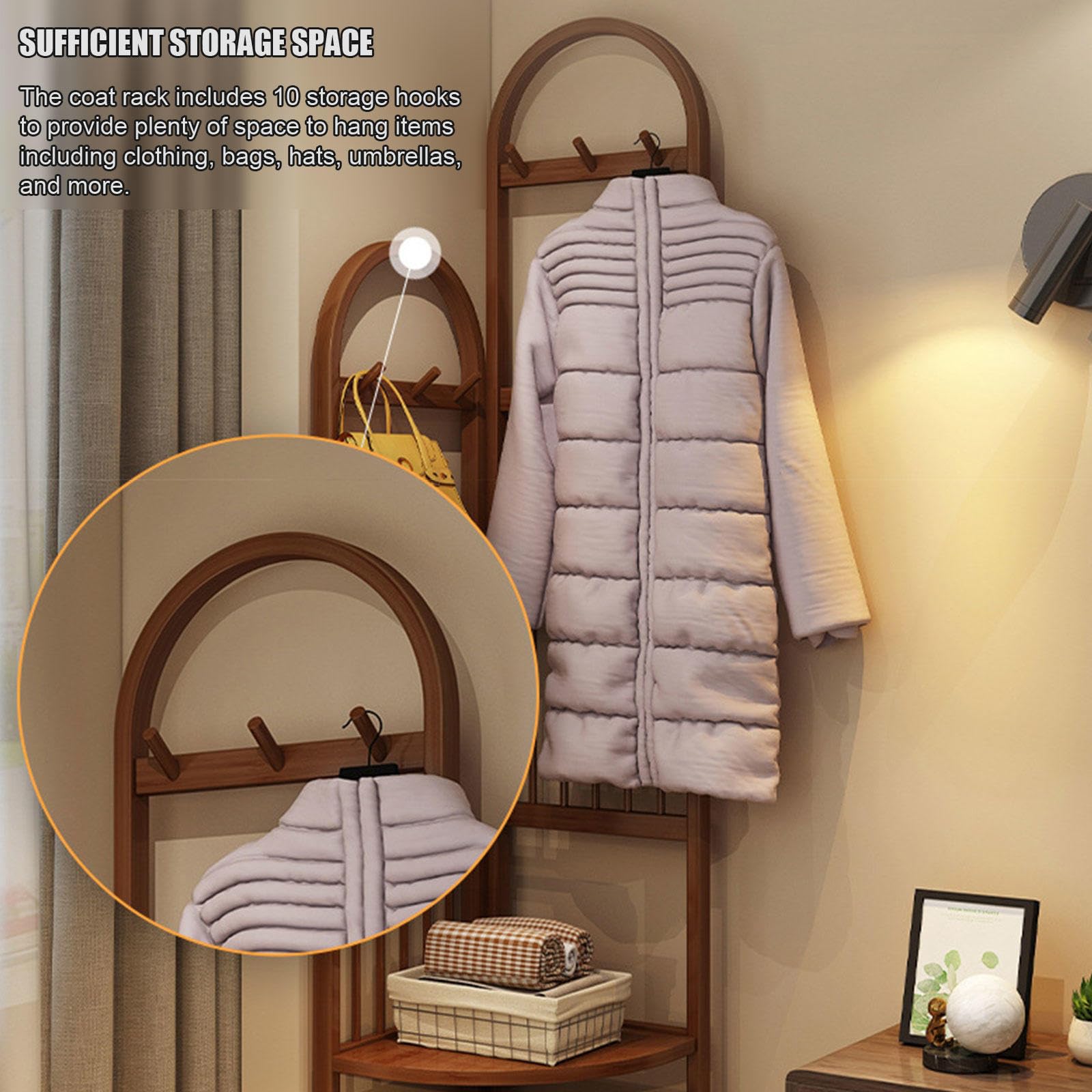 Scaffali Appendiabiti Appendiabiti, Appendiabiti in bambù con ripiano, Appendiabiti da ingresso, Appendiabiti ad angolo da terra con 6 ganci per cappelli, Borse per vestiti, Scarpe, Colore noce,