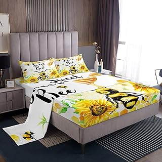 Sweet Honey Bee Sheet Set for Girls Boys Yellow Bee Sheets with Deep Pocket Fitted Sheet Sunflower Bed Sheets Set Honeycomb Bee Room Decor Geometric Hexagon BeddingÂ Set Twin Size Bed Set 3Pcs