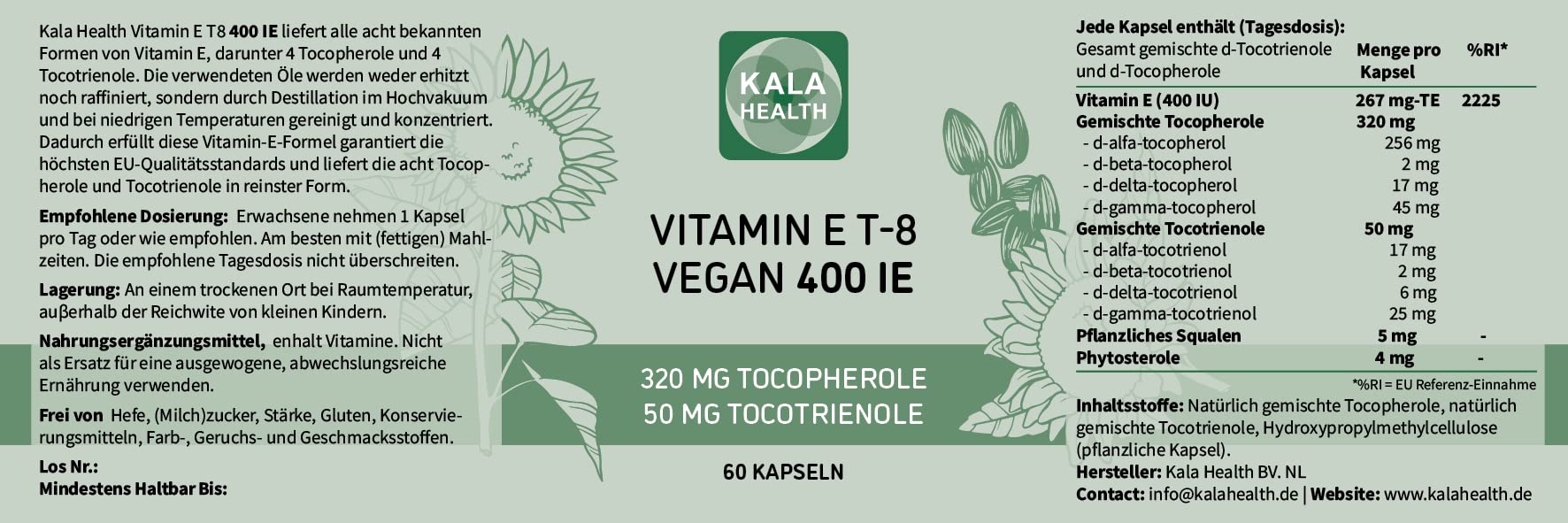 Kala Health Vitamin E 400 IE Vegan – alle 8 Alpha + Beta + Gamma + Delta Tocotrienol und Alpha + Beta + Gamma + Delta Tocopherol – Vitamin E Tocopherol und Tocotrienol kapseln - 60