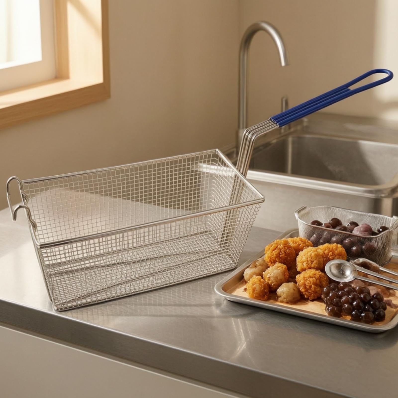 Ronyme Panier Friture Rectangulaire En Acier Inoxydable Ergonomique Panier Friture Poignée Crochs Multifonctionnel pr Cuisine Domestique, Style B