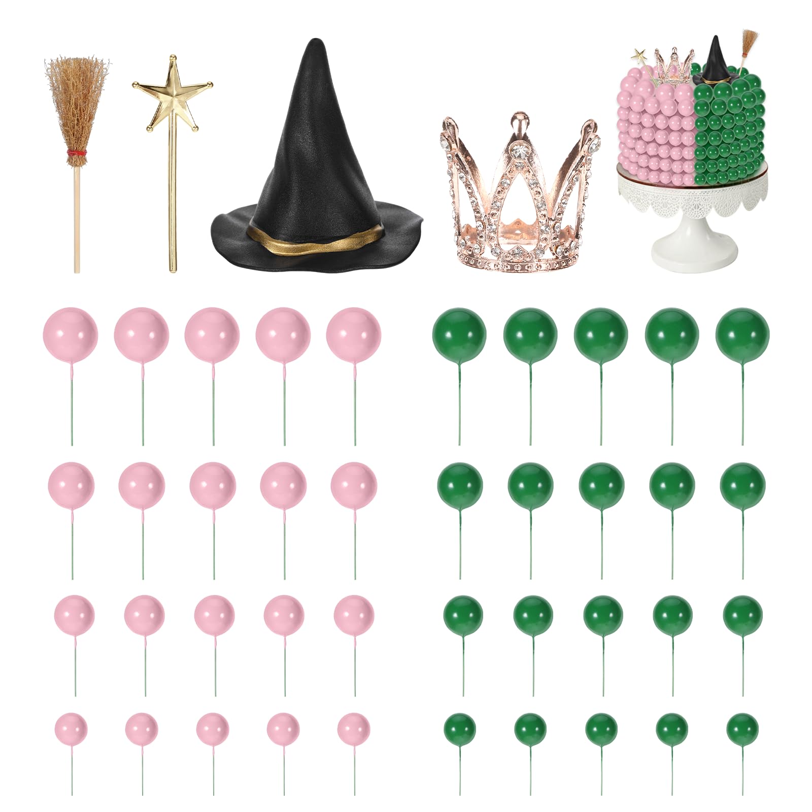 44 PCS Green and Pink Witch Theme Cake Topper,Crown Witch Hat Broom Star Wand Cake Decoration for Themed Party Supplies,for Birthday Party Accessories,Dessert Food Decoration