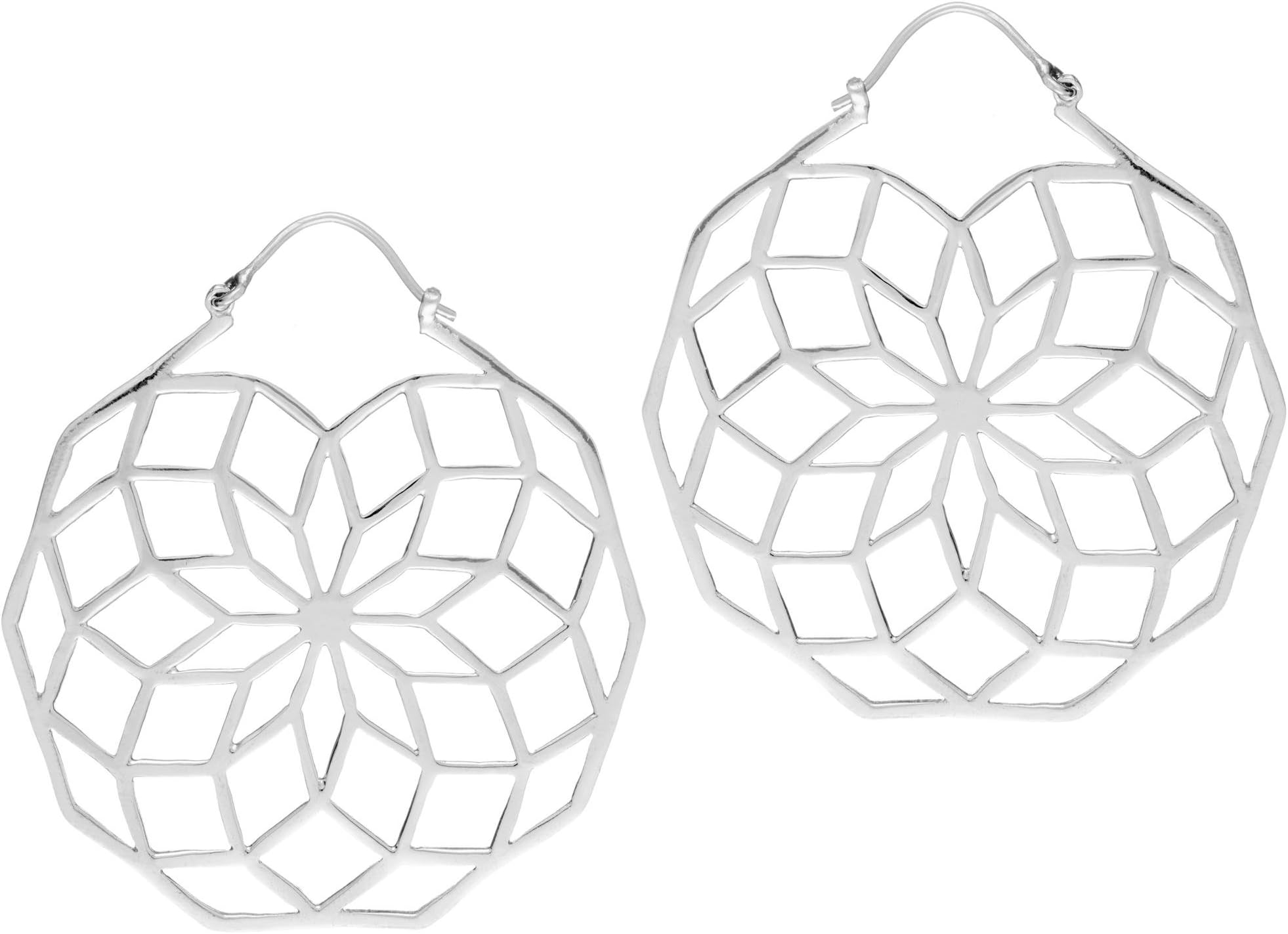 81stgeneration Sterling Silver Extra Large Lotus of Life Hoop Earrings - Statement Decagon Earrings in 925 Silver – Sacred Geometry Hoops - Flower Mandala Festival Jewelry - Cut-Out Openwork Design