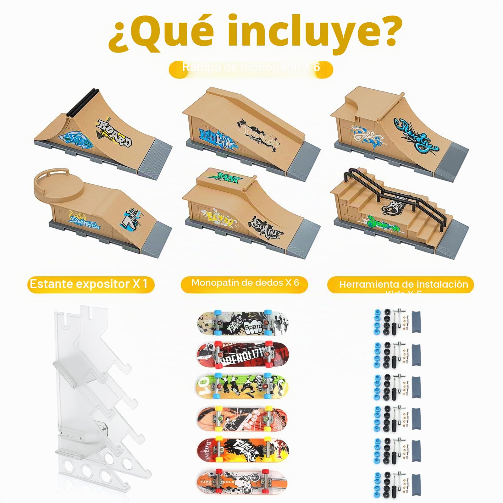 Gr8ware Mini Skateboard Ramp Set con Dedos - Diapasón Park, Juguetes Finger, DIY Assemble, Kit para Adolescentes (6IN1)