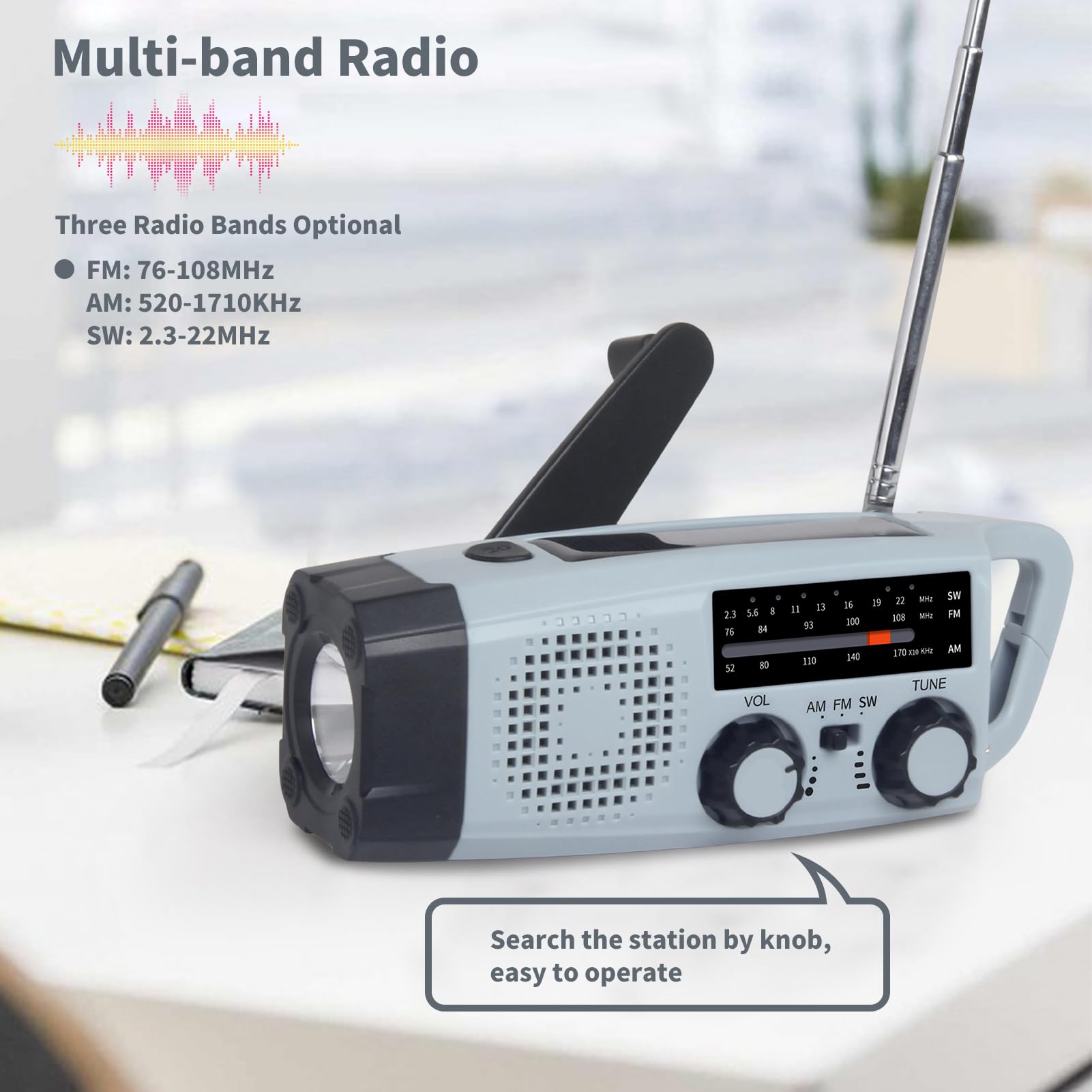 Solarne radio z korbą, radio awaryjne AM/FM, przenośne radio awaryjne z latarką LED i lampką do czytania, ładowarka do telefonu komórkowego USB, alarm SOS, na kemping i do aktywności na