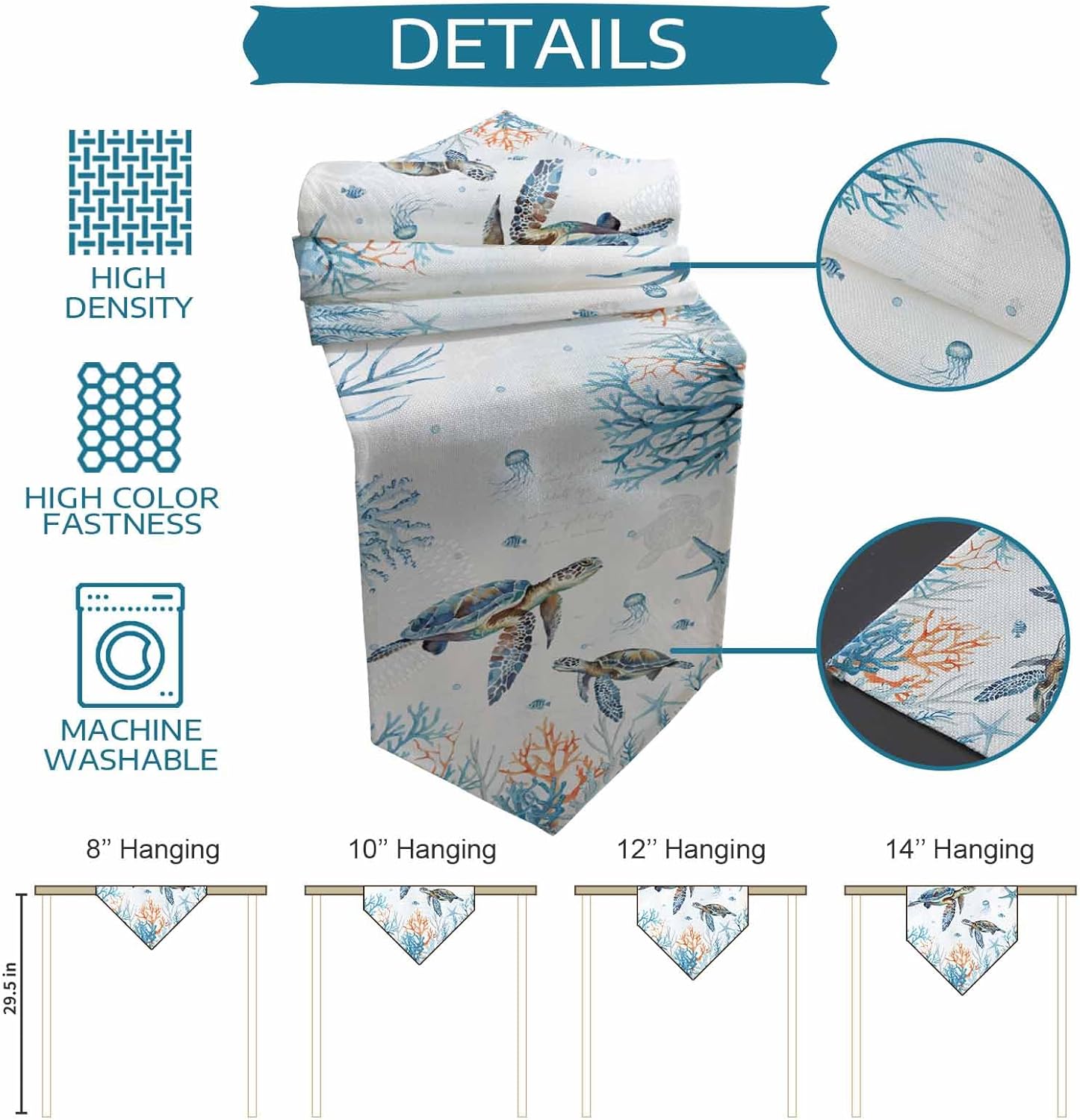 Table Runner Ocean Sea Turtle Coral Seagrass Underwater World Non-Slip Table Runners 108" L, Heat Protection Table Protector for Kitchen Dining Table Decor