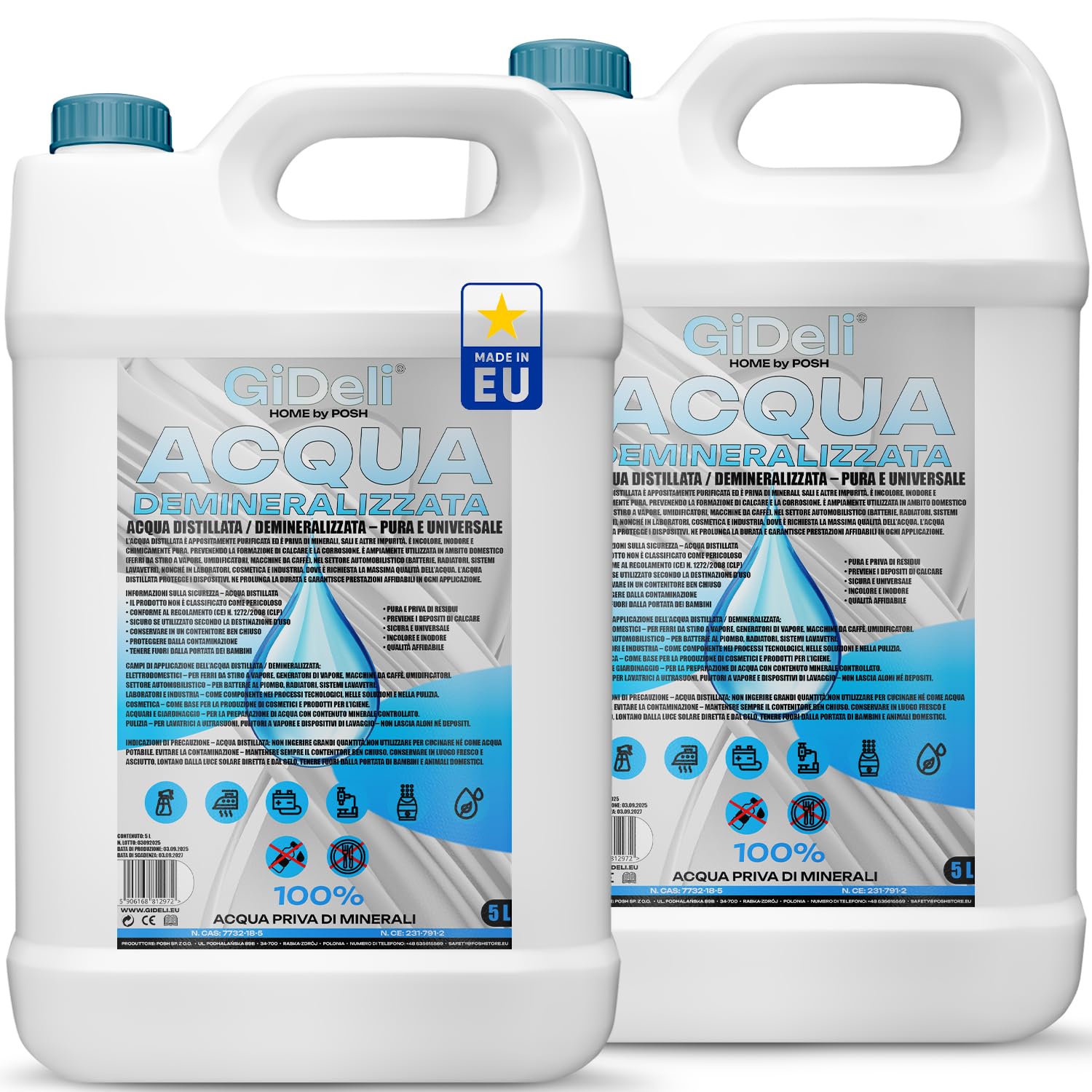 GiDeli Acqua demineralizzata 2 x 5 l acqua distillata per ferro da stiro, batterie, refrigeratore, umidificatore, acquario e laboratorio acqua senza calcare, inodore, trasparente